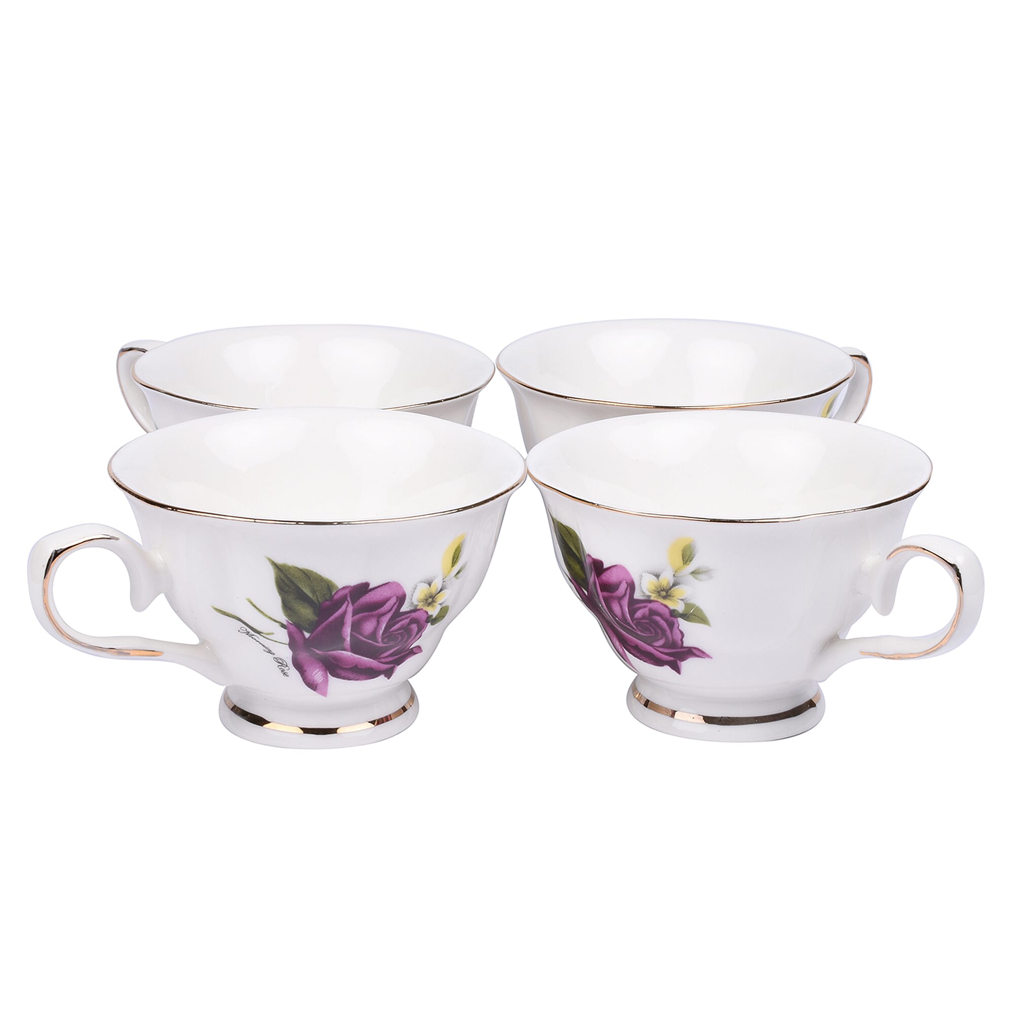 Set of 14 - Rose Pattern Tea Set with Storage Rack - White & Purple