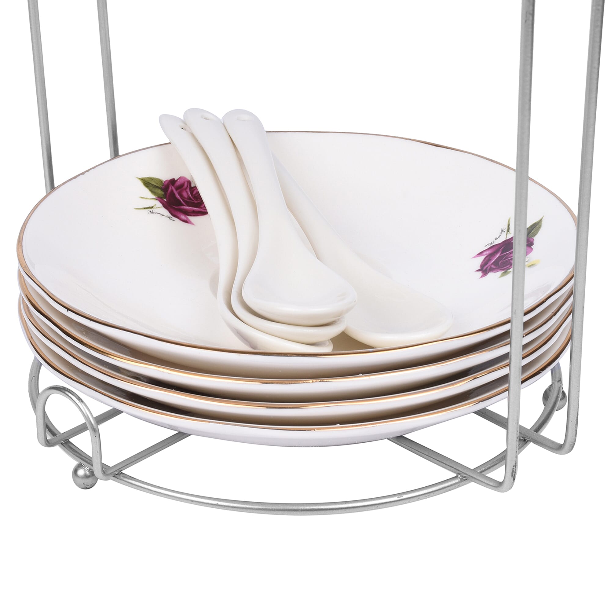 Set of 14 - Rose Pattern Tea Set with Storage Rack - White & Purple