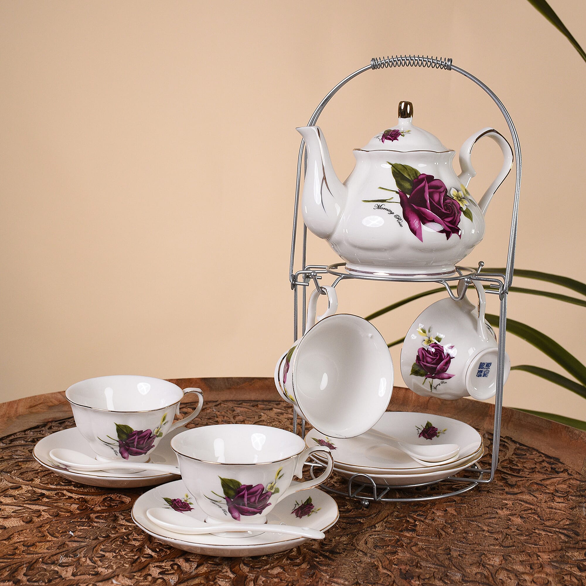 Set of 14 - Rose Pattern Tea Set with Storage Rack - White & Purple