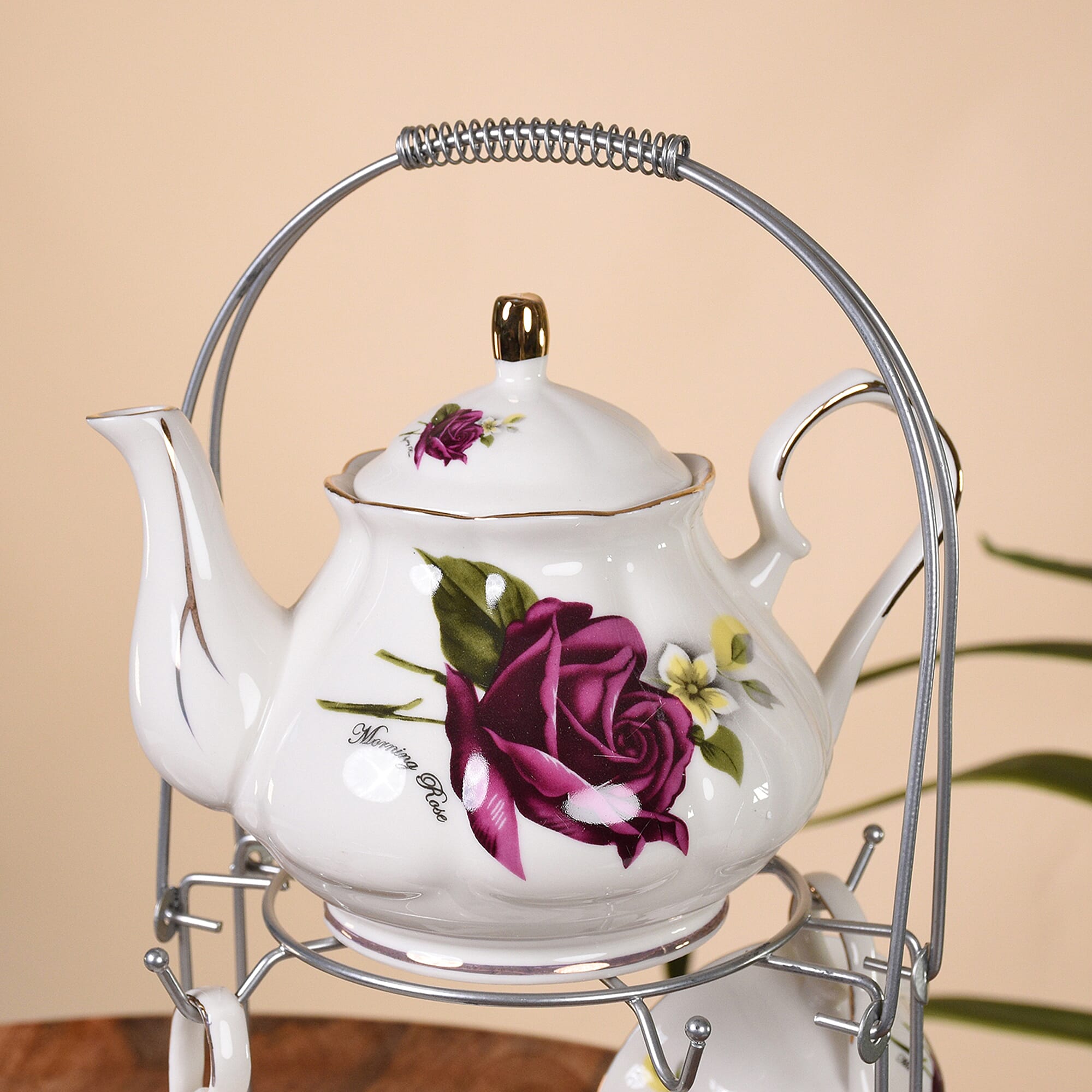 Set of 14 - Rose Pattern Tea Set with Storage Rack - White & Purple