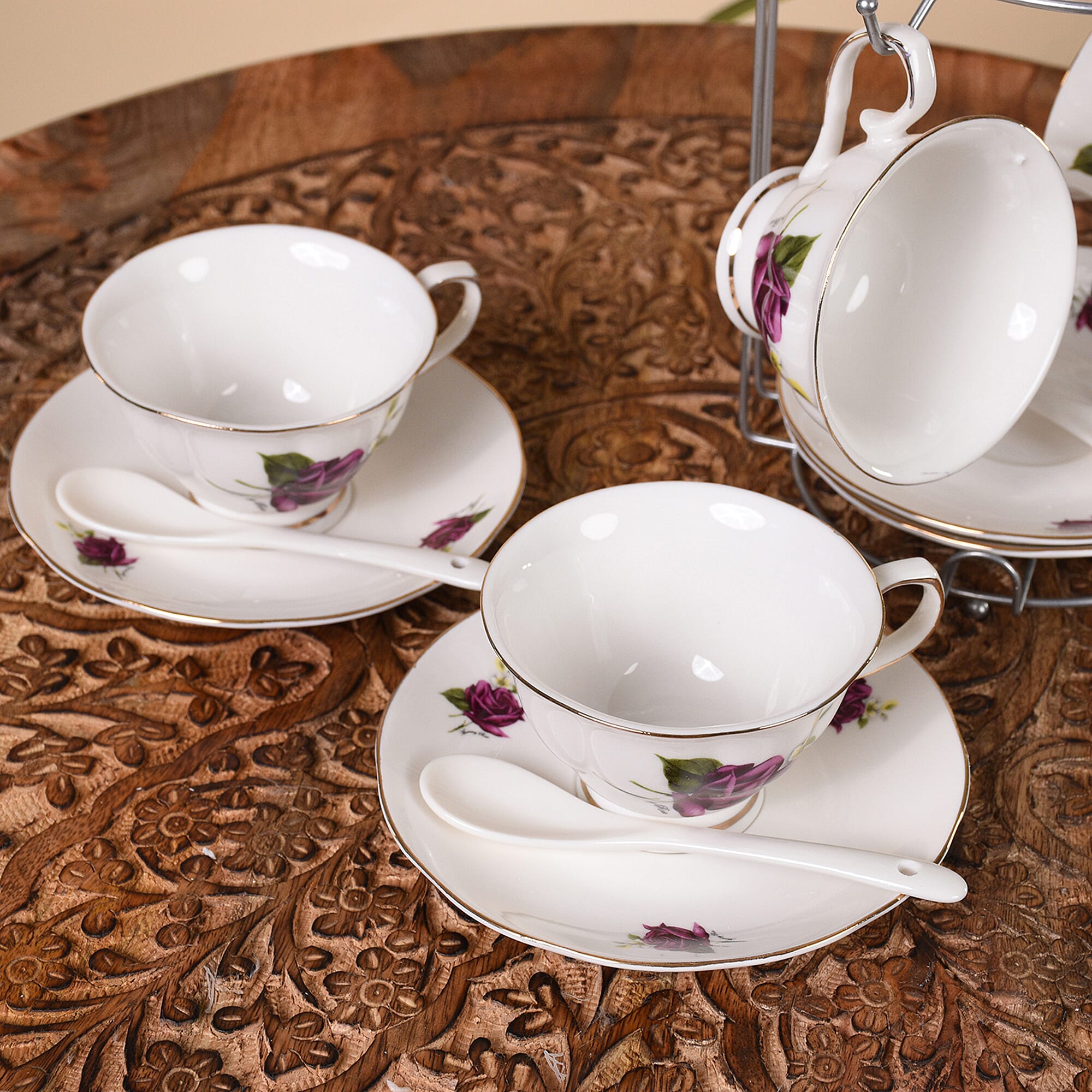 Set of 14 - Rose Pattern Tea Set with Storage Rack - White & Purple