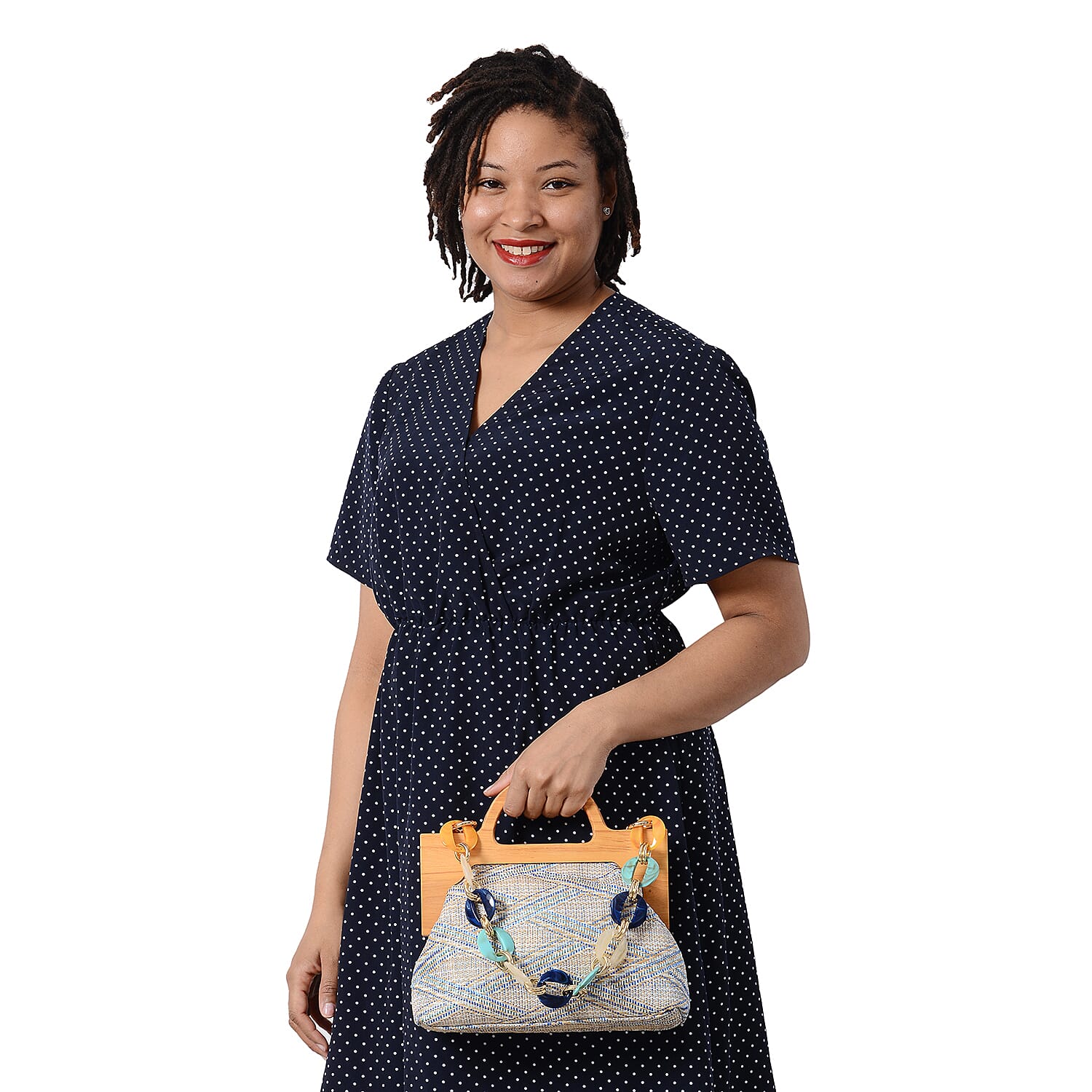 LA MAREY Wooden Clasp Handbag in Blue & Multi (Size 26.5x7x21 Cm)