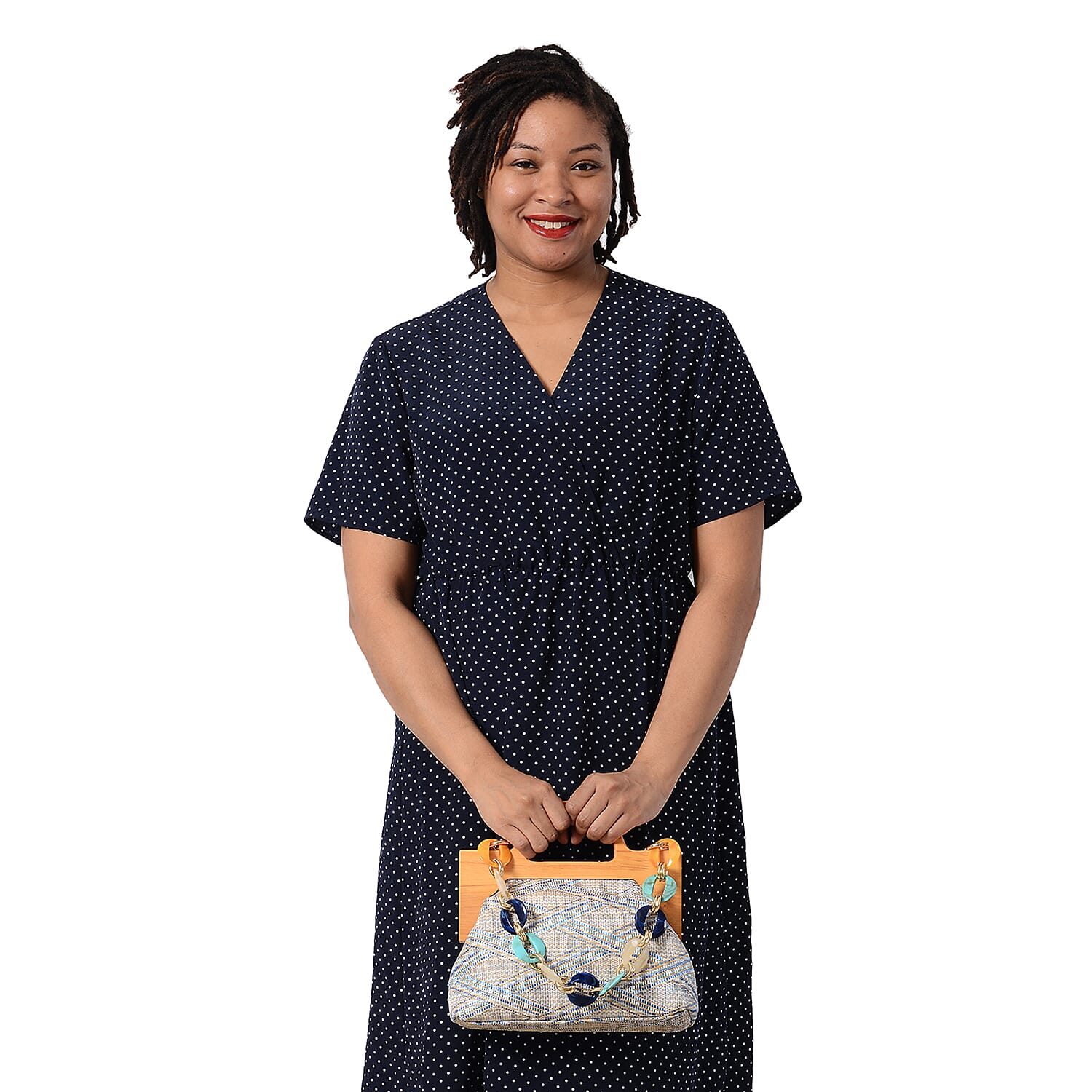 LA MAREY Wooden Clasp Handbag in Blue & Multi (Size 26.5x7x21 Cm)