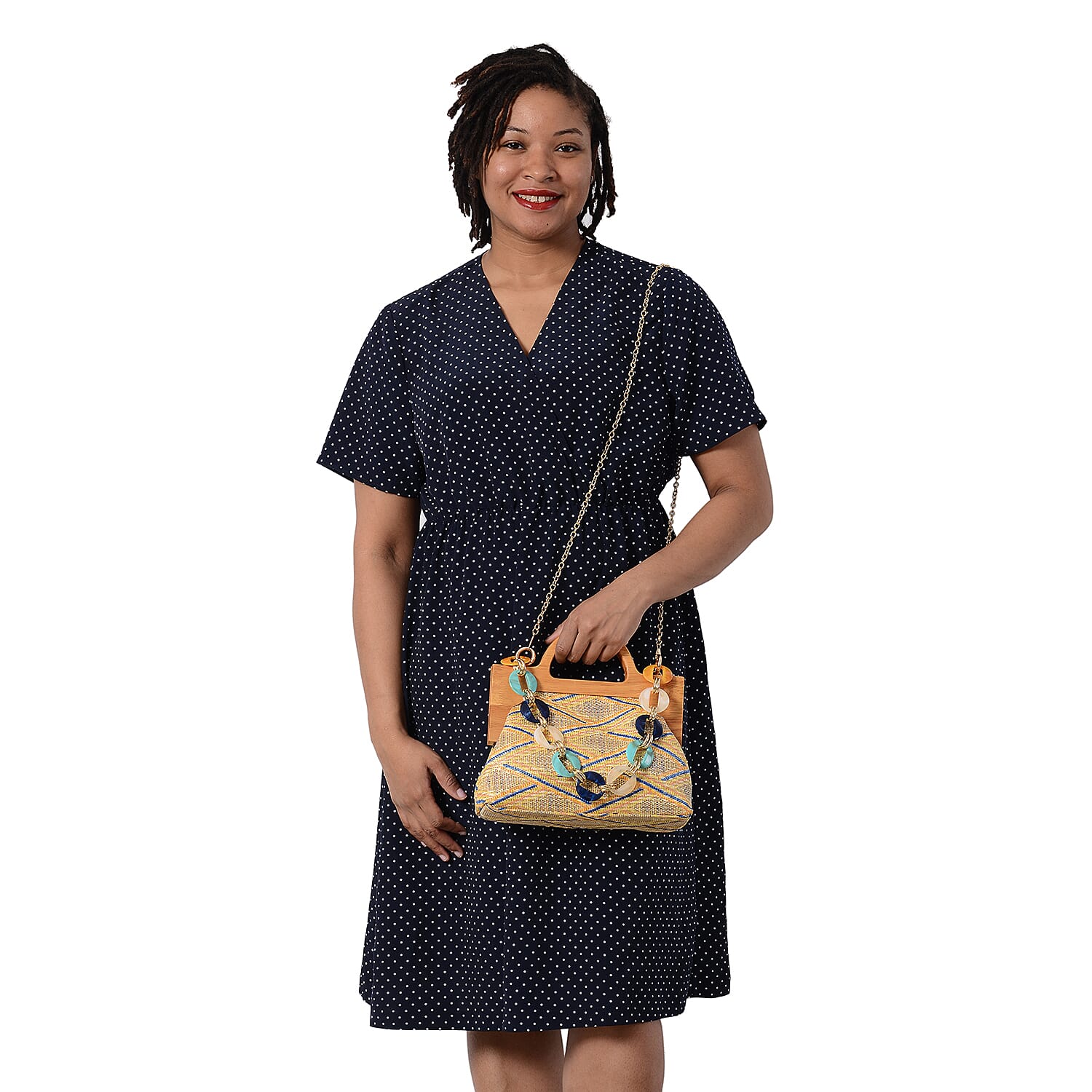 LA MAREY Wooden Clasp Handbag in Yellow and Multi (Size 26.5x7x21 Cm)