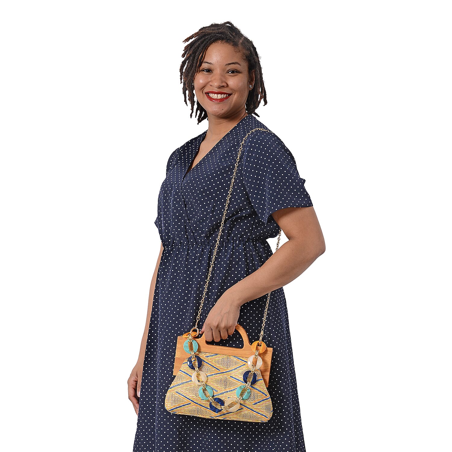 LA MAREY Wooden Clasp Handbag in Yellow and Multi (Size 26.5x7x21 Cm)