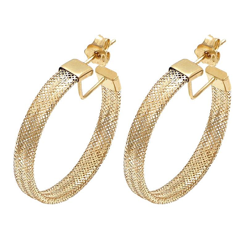 Italian Made 9K Yellow Gold Mesh Hoop Earrings (with Push Back)