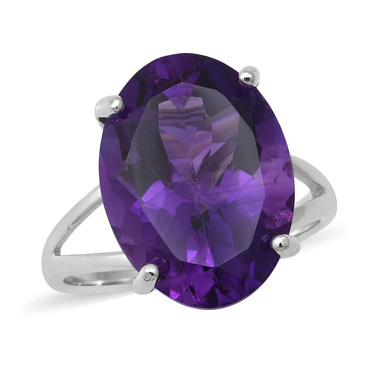 Lusaka Amethyst Solitaire Ring in Rhodium Overlay Sterling Silver 11.94 Ct.