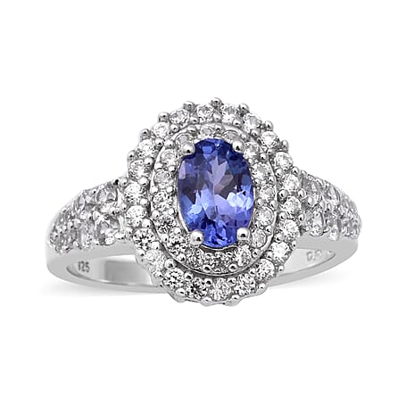 Tanzanite & Natural Cambodian Zircon Ring in White Gold Plated Sterling Silver 1.60 Ct.