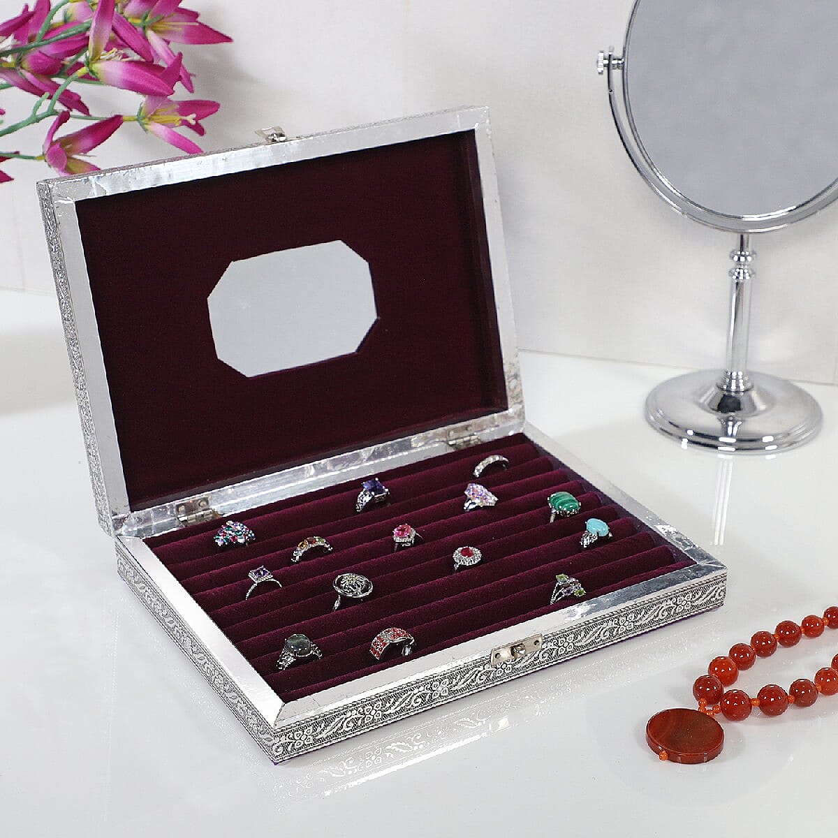 Jewellery Embossed Ring Box with Mirror made of Teak and MDF Wood - Swan