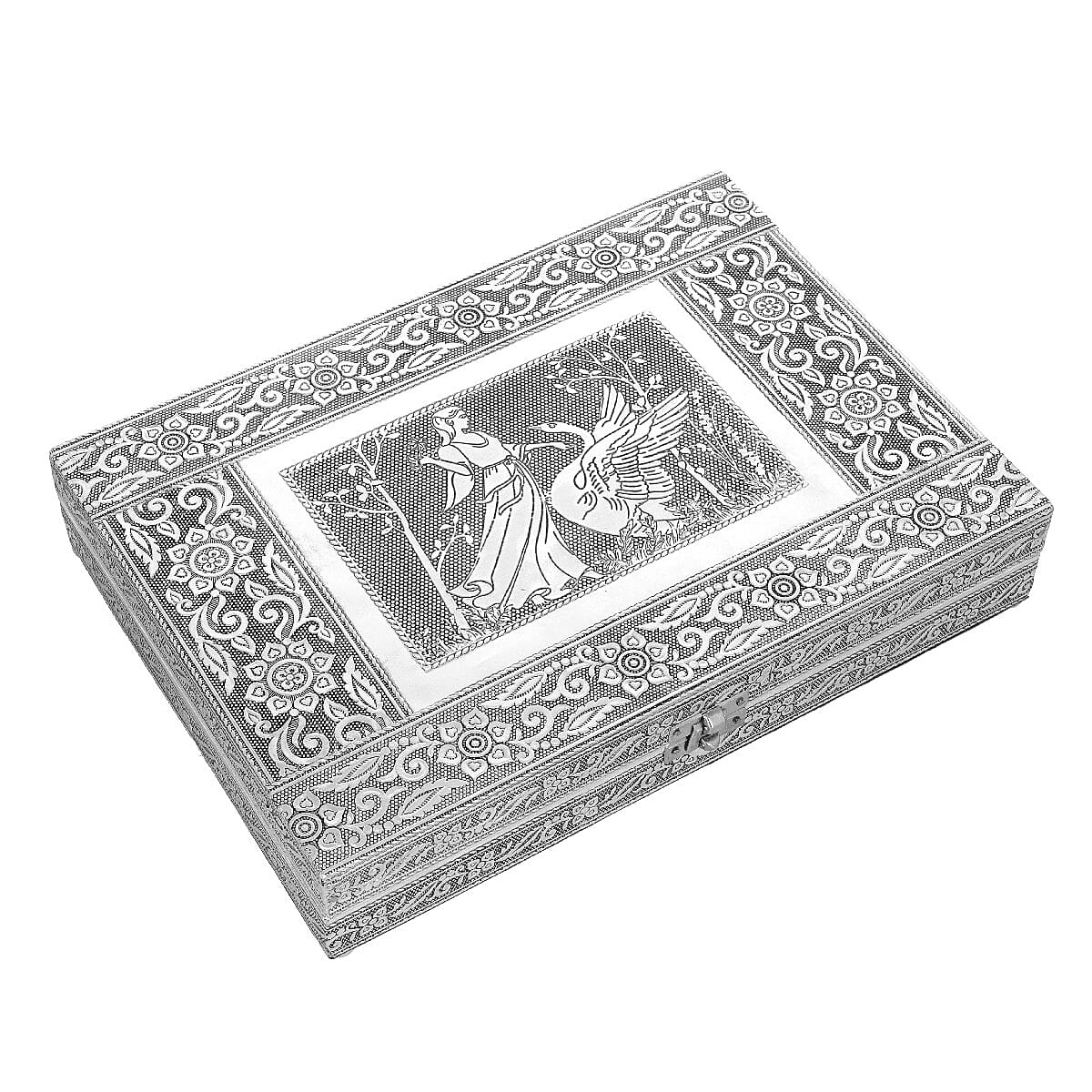 Jewellery Embossed Ring Box with Mirror made of Teak and MDF Wood - Swan