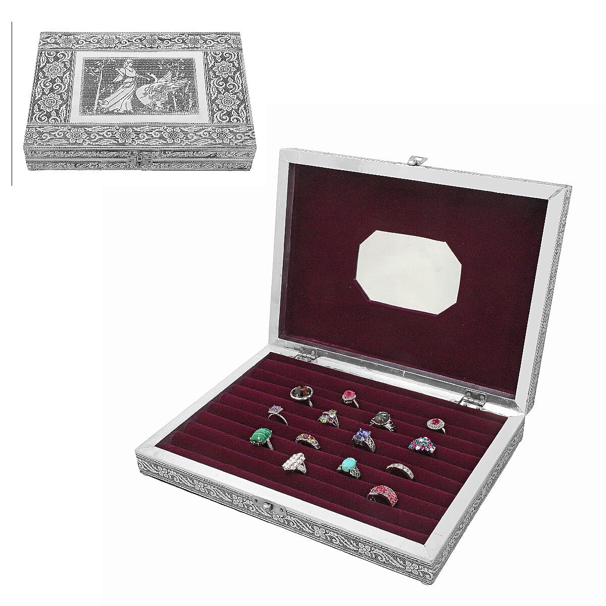 Jewellery Embossed Ring Box with Mirror made of Teak and MDF Wood - Swan