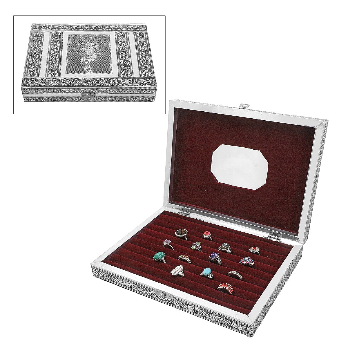 Jewellery Embossed Ring Box with Mirror made of Teak and MDF Wood - Lady