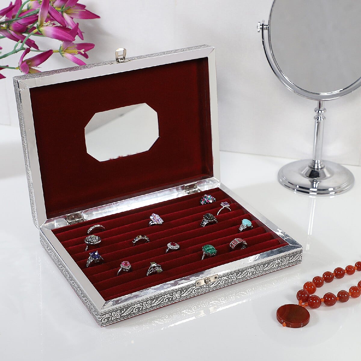 Jewellery Embossed Ring Box with Mirror made of Teak and MDF Wood - Lady