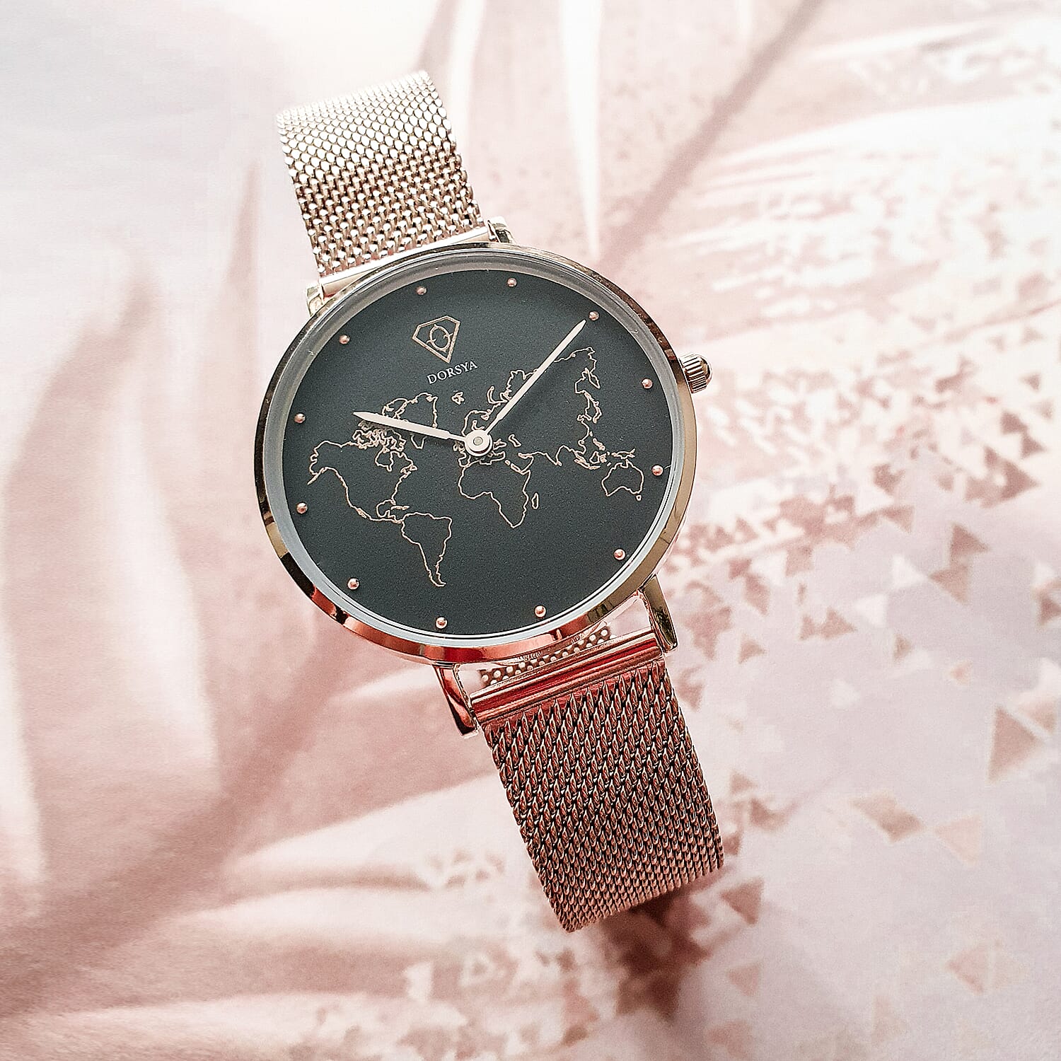 Neptune Carte du Monde Black-Rose Gold Mesh Watch