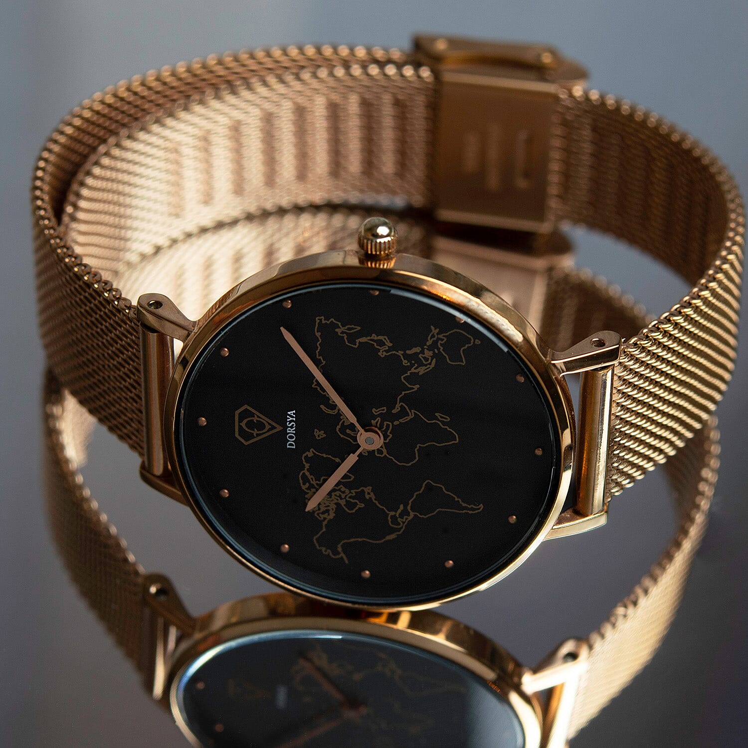 Neptune Carte du Monde Black-Rose Gold Mesh Watch