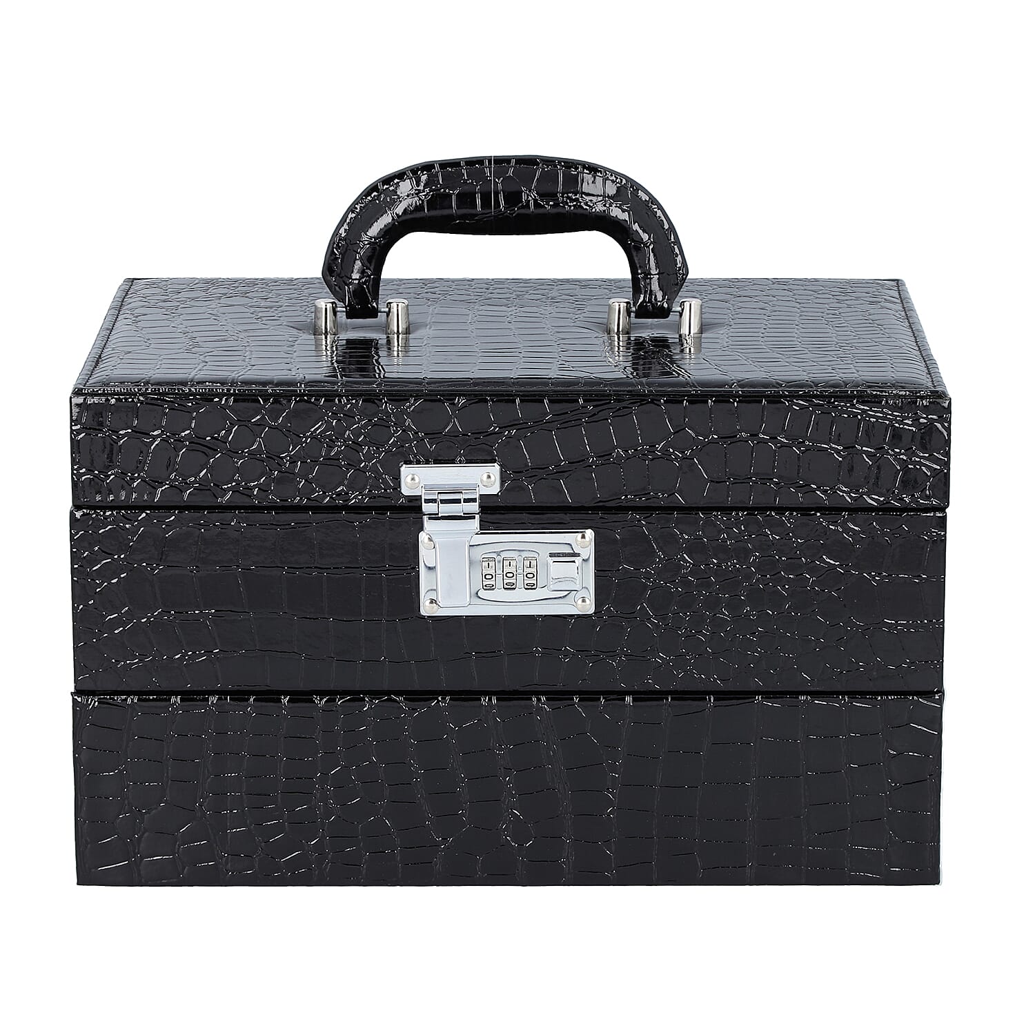3 Layer Crocodile Skin Pattern Jewellery Box Organiser with Coded Lock and Handle Black