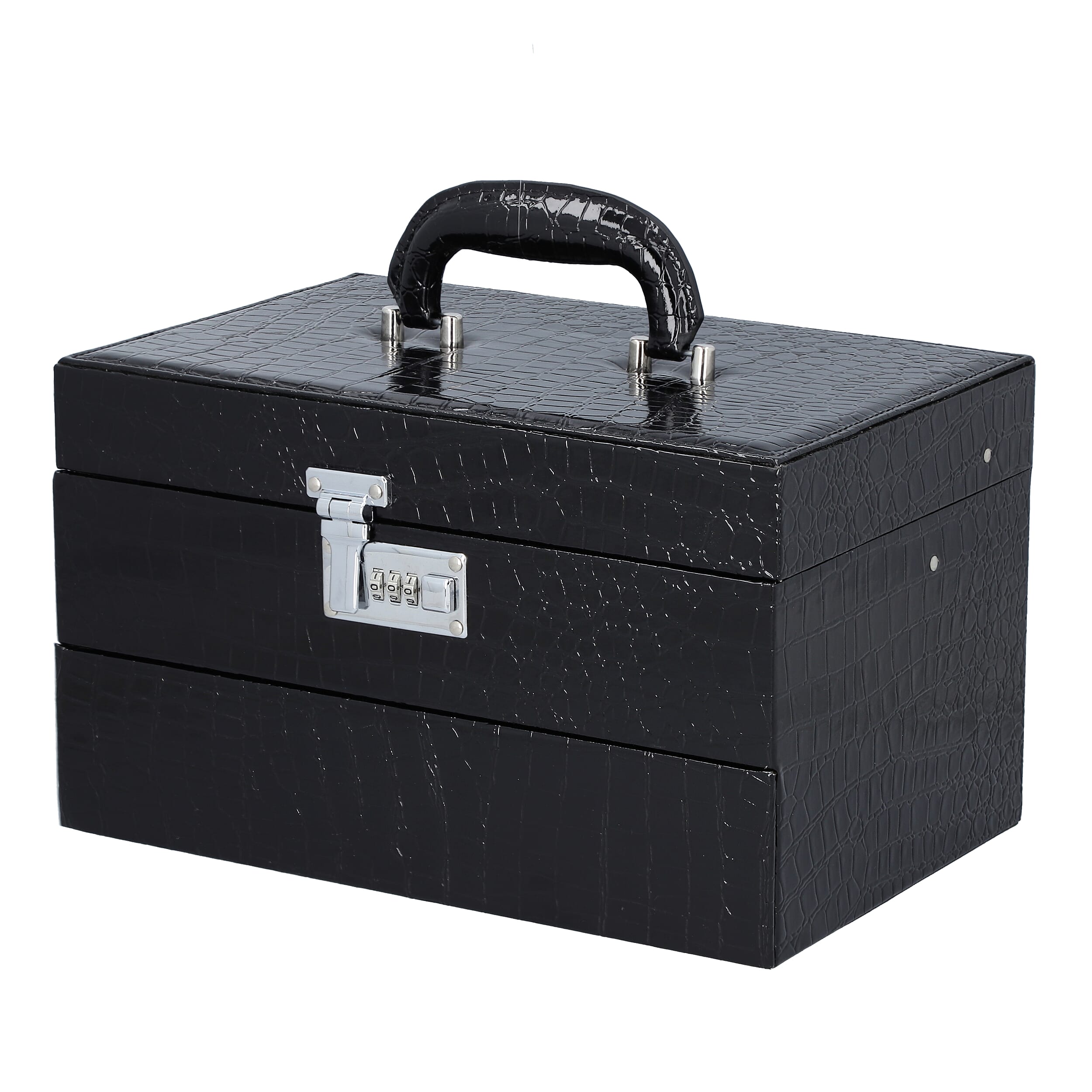 3 Layer Crocodile Skin Pattern Jewellery Box Organiser with Coded Lock and Handle Black