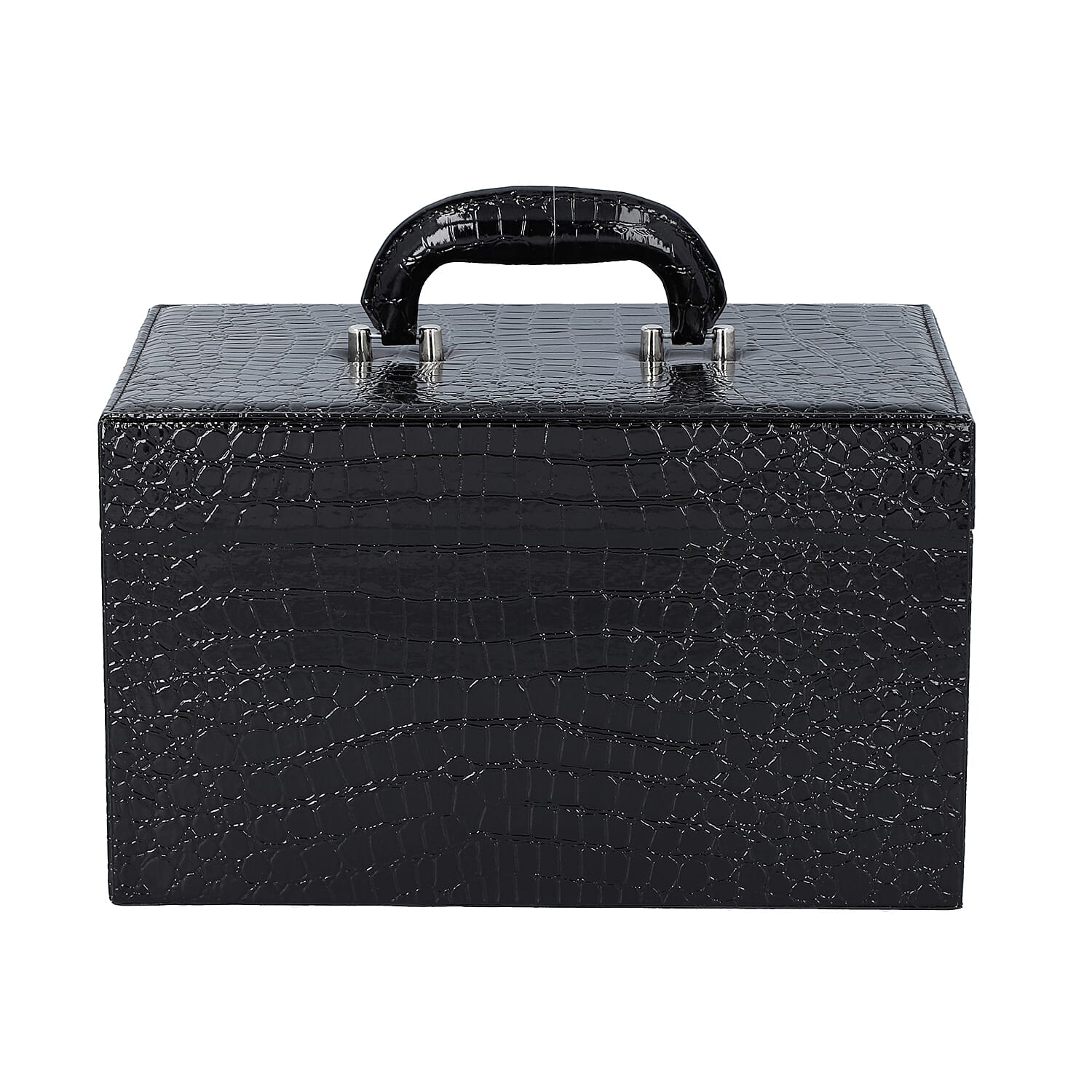 3 Layer Crocodile Skin Pattern Jewellery Box Organiser with Coded Lock and Handle Black