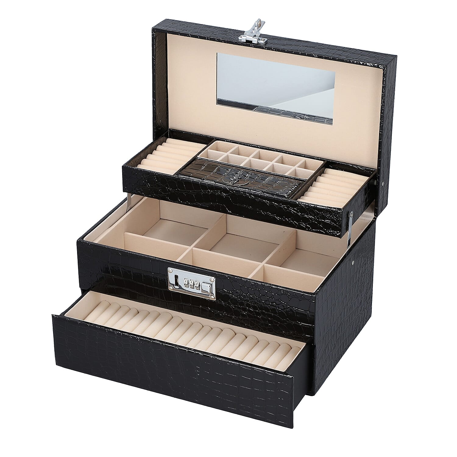 3 Layer Crocodile Skin Pattern Jewellery Box Organiser with Coded Lock and Handle Black