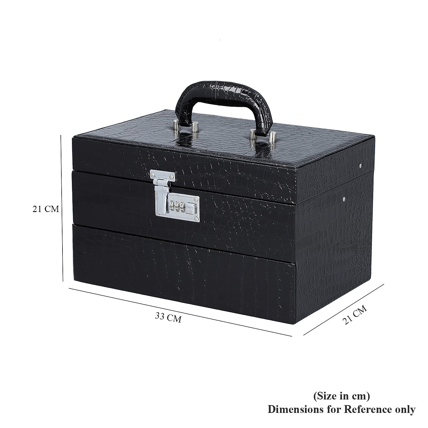 3 Layer Crocodile Skin Pattern Jewellery Box Organiser with Coded Lock and Handle Black