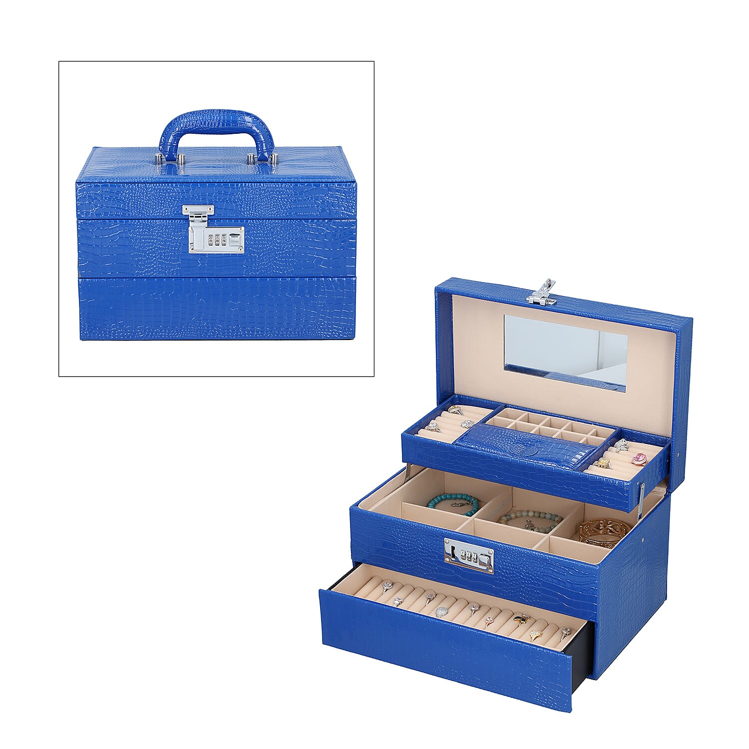 3 Layer Crocodile Skin Pattern Jewellery Box Organiser with Coded Lock and Handle (Size 33x21x21 Cm) - Royal Blue