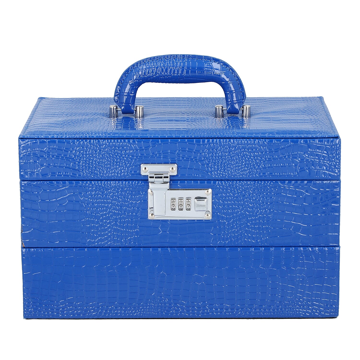 3 Layer Crocodile Skin Pattern Jewellery Box Organiser with Coded Lock and Handle (Size 33x21x21 Cm) - Royal Blue