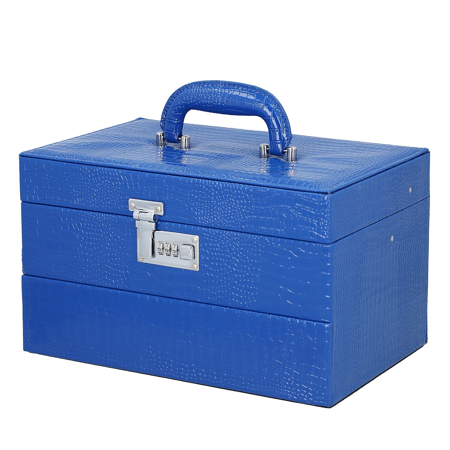 3 Layer Crocodile Skin Pattern Jewellery Box Organiser with Coded Lock and Handle (Size 33x21x21 Cm) - Royal Blue