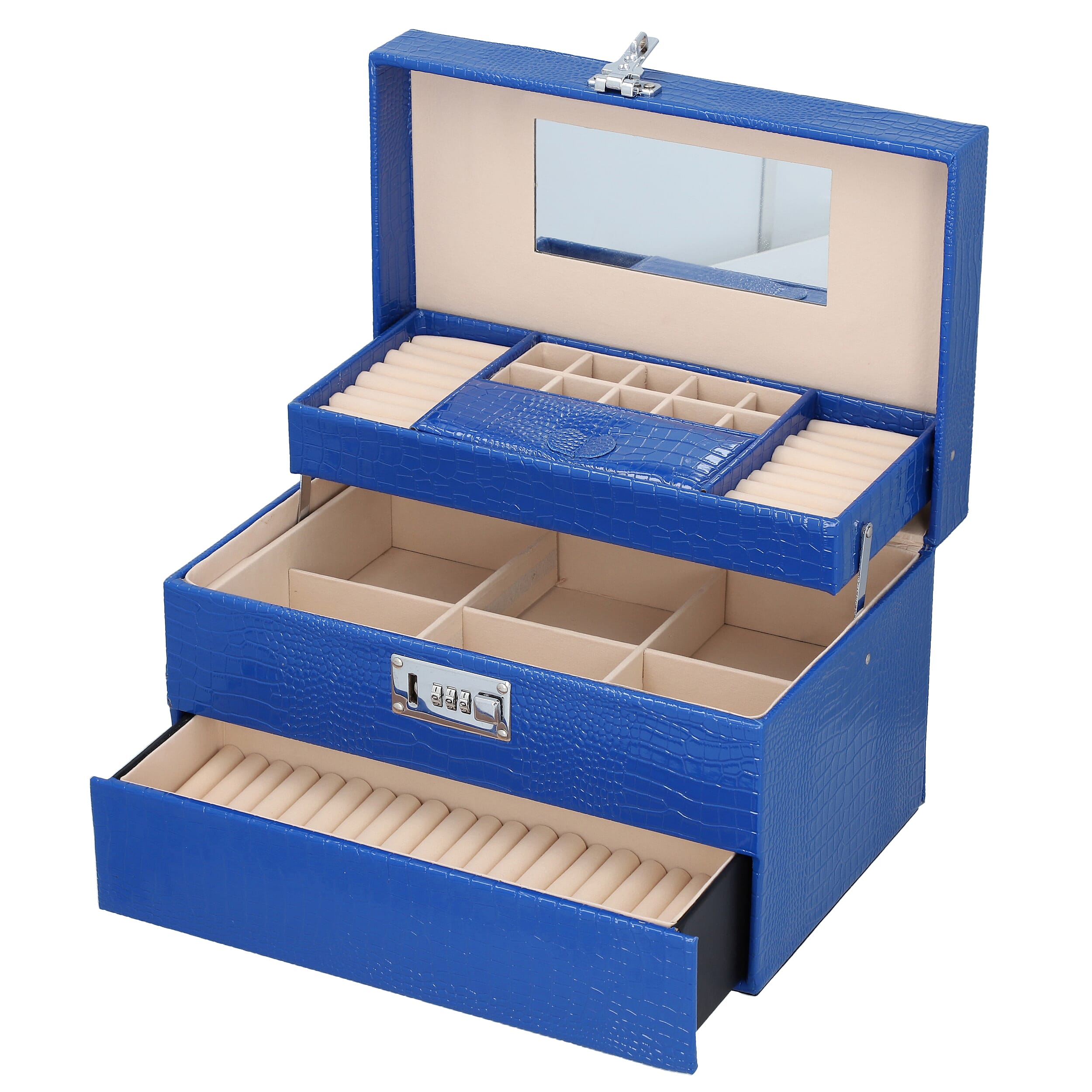 3 Layer Crocodile Skin Pattern Jewellery Box Organiser with Coded Lock and Handle (Size 33x21x21 Cm) - Royal Blue