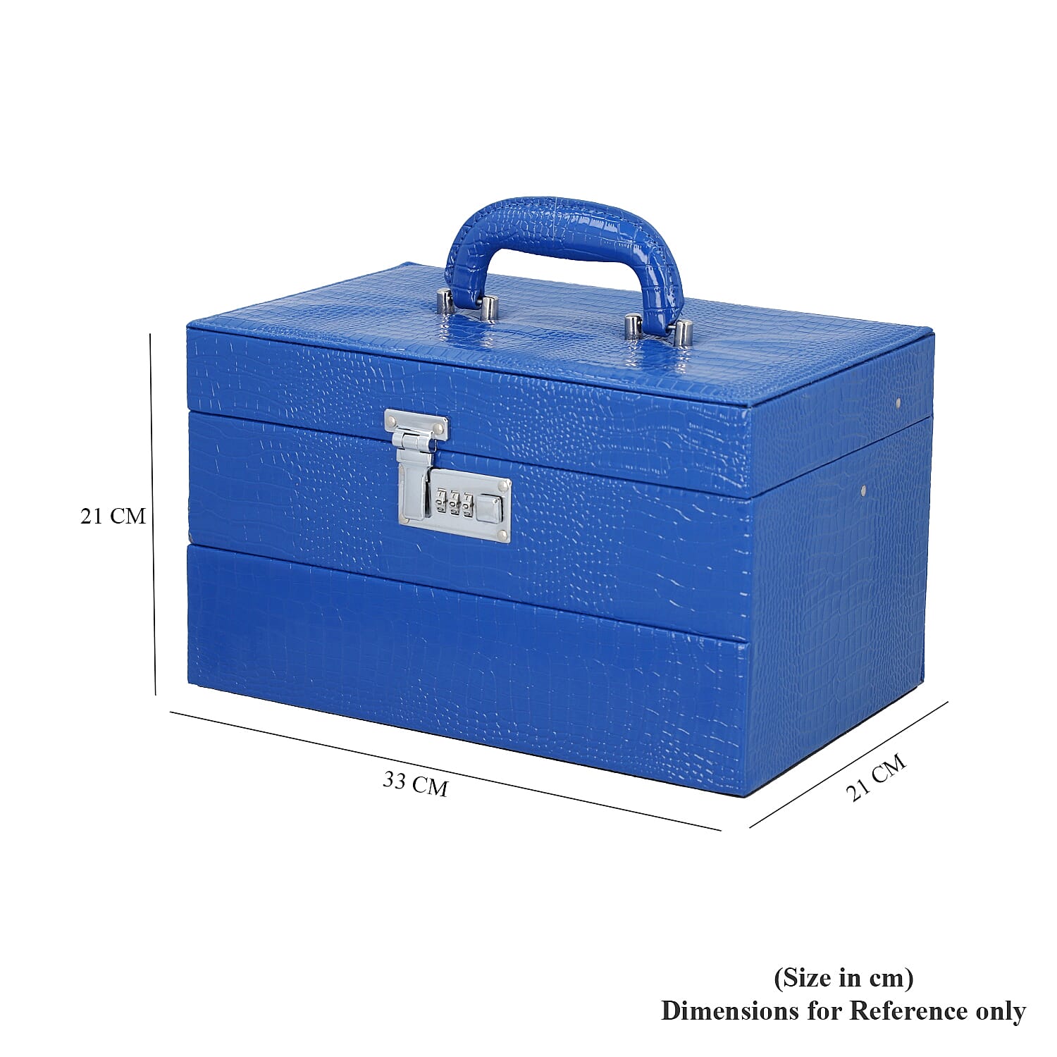 3 Layer Crocodile Skin Pattern Jewellery Box Organiser with Coded Lock and Handle (Size 33x21x21 Cm) - Royal Blue
