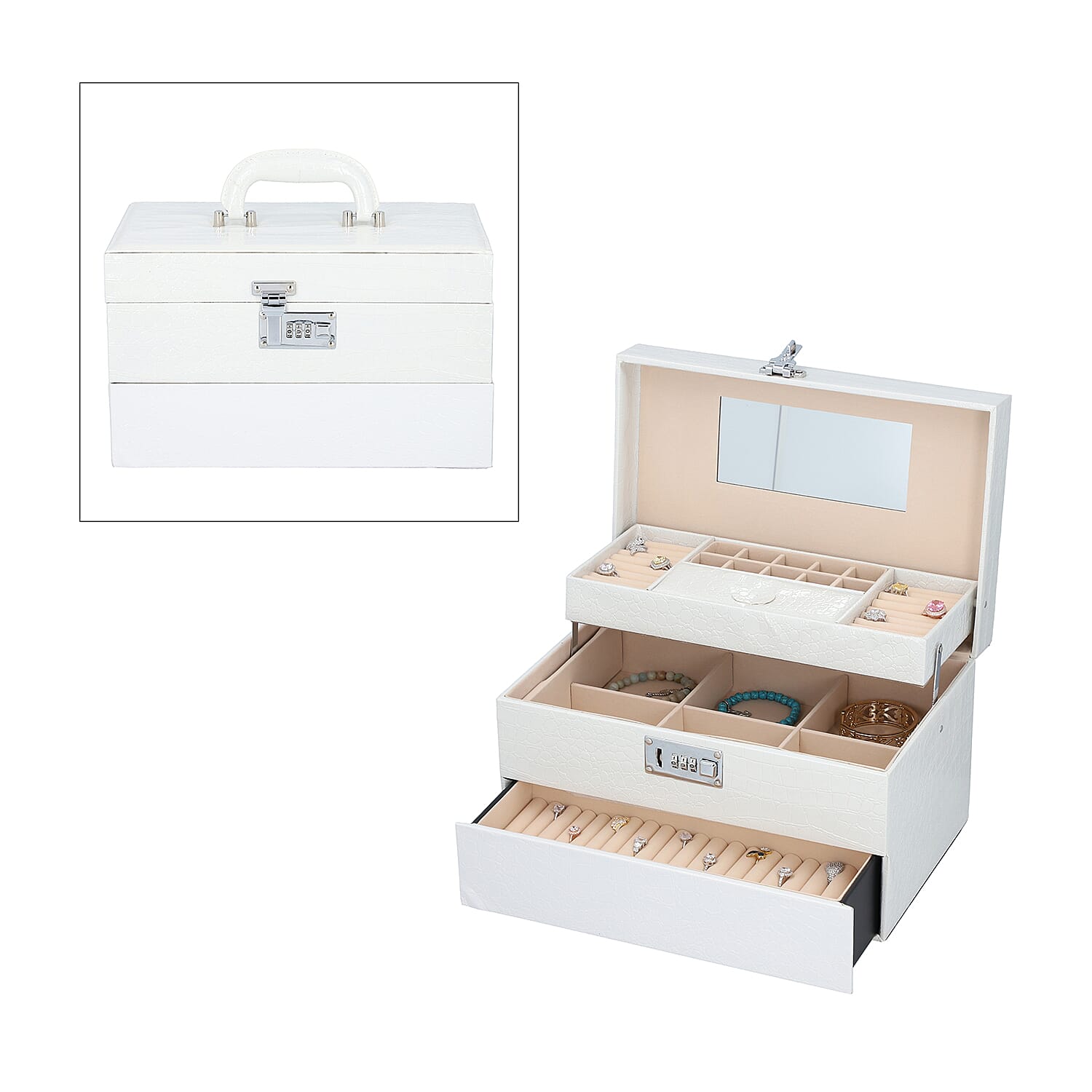 3 Layer Crocodile Skin Pattern Jewellery Box Organiser with Coded Lock and Handle (Size 33x21x21 Cm)  - Ivory
