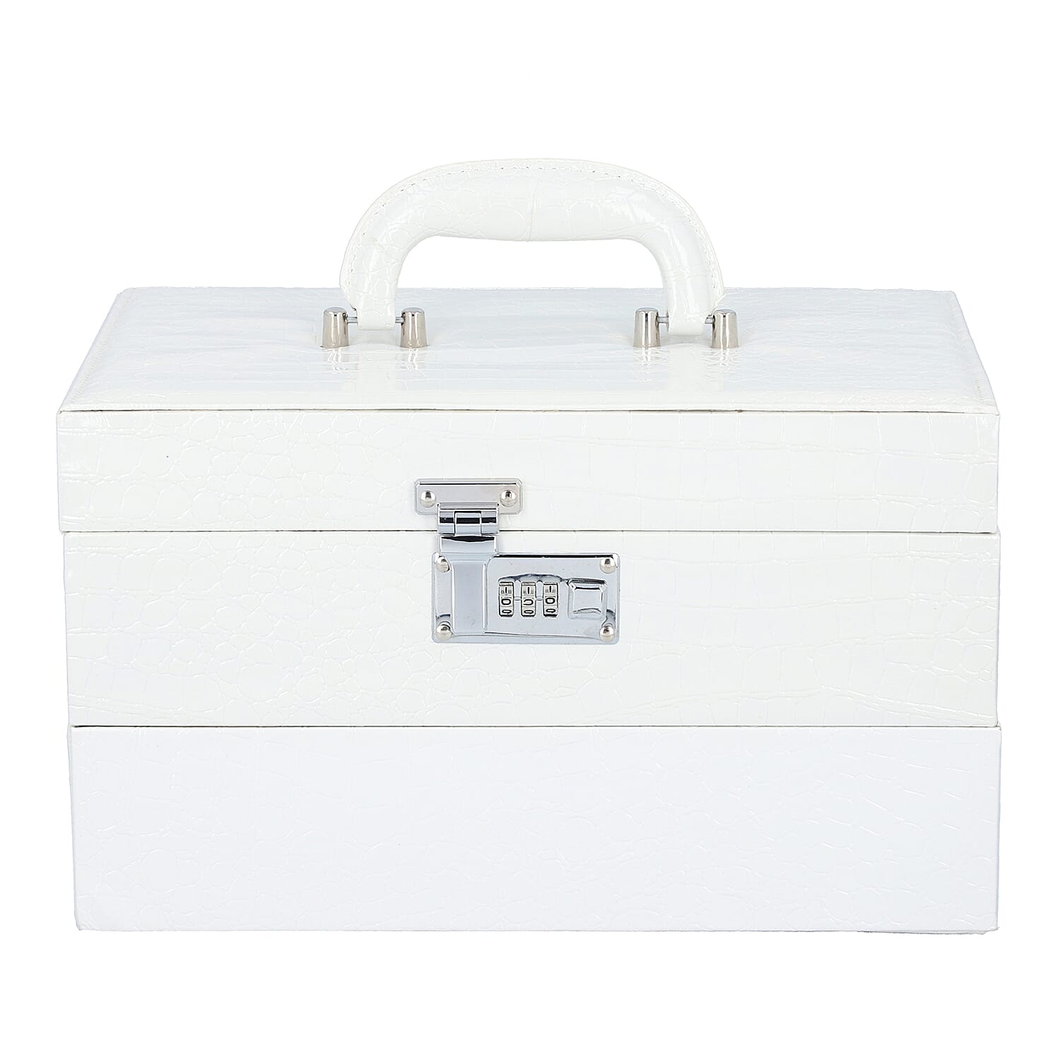3 Layer Crocodile Skin Pattern Jewellery Box Organiser with Coded Lock and Handle (Size 33x21x21 Cm)  - Ivory