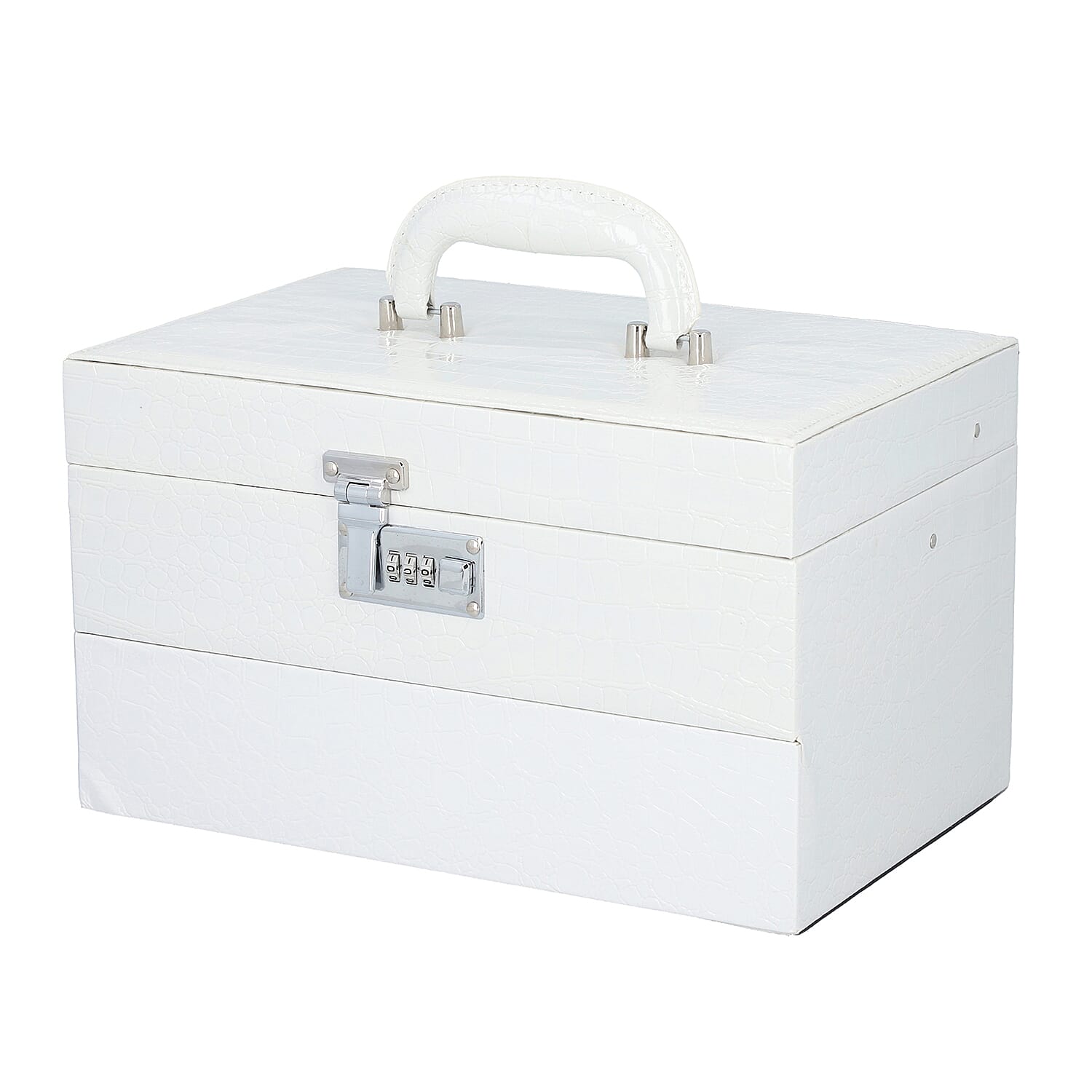 3 Layer Crocodile Skin Pattern Jewellery Box Organiser with Coded Lock and Handle (Size 33x21x21 Cm)  - Ivory