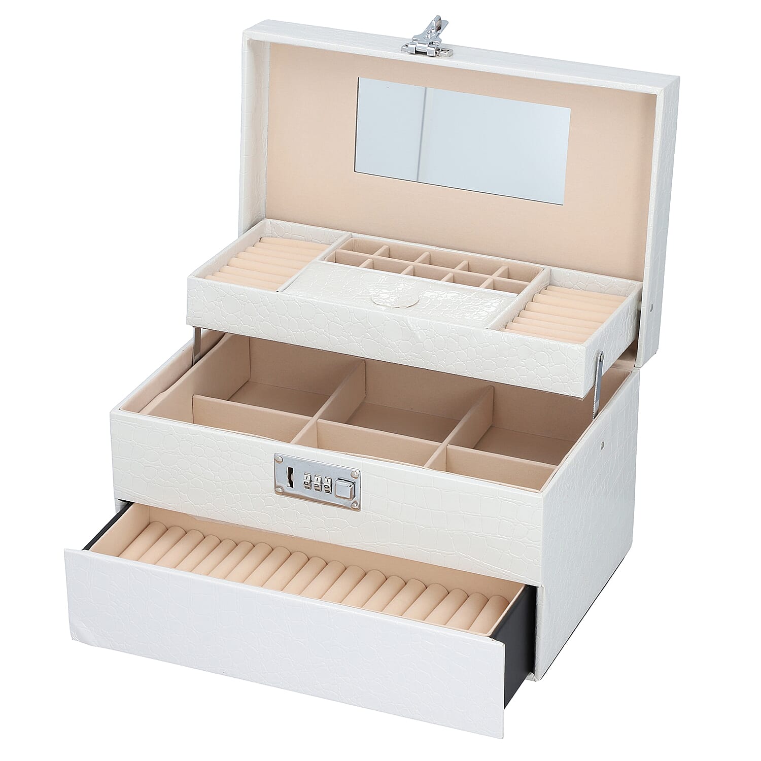 3 Layer Crocodile Skin Pattern Jewellery Box Organiser with Coded Lock and Handle (Size 33x21x21 Cm)  - Ivory