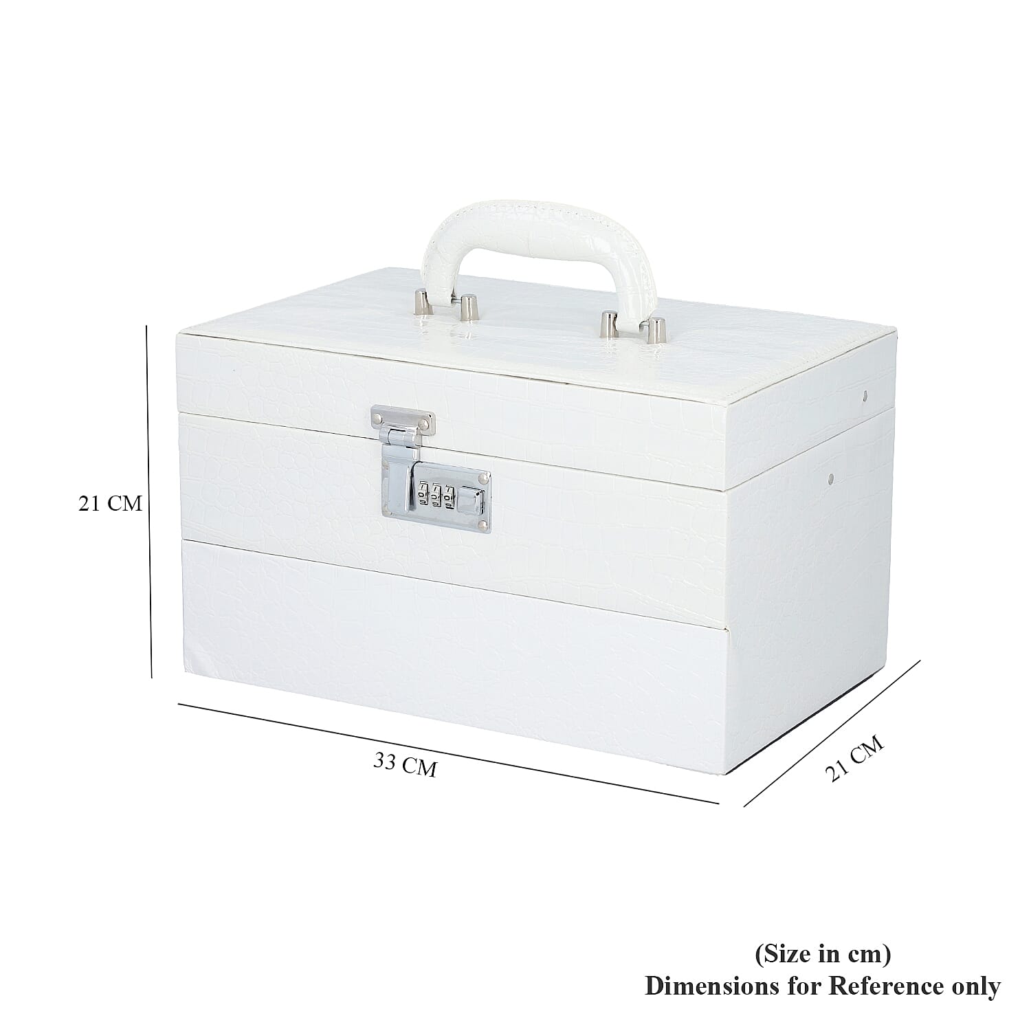 3 Layer Crocodile Skin Pattern Jewellery Box Organiser with Coded Lock and Handle (Size 33x21x21 Cm)  - Ivory