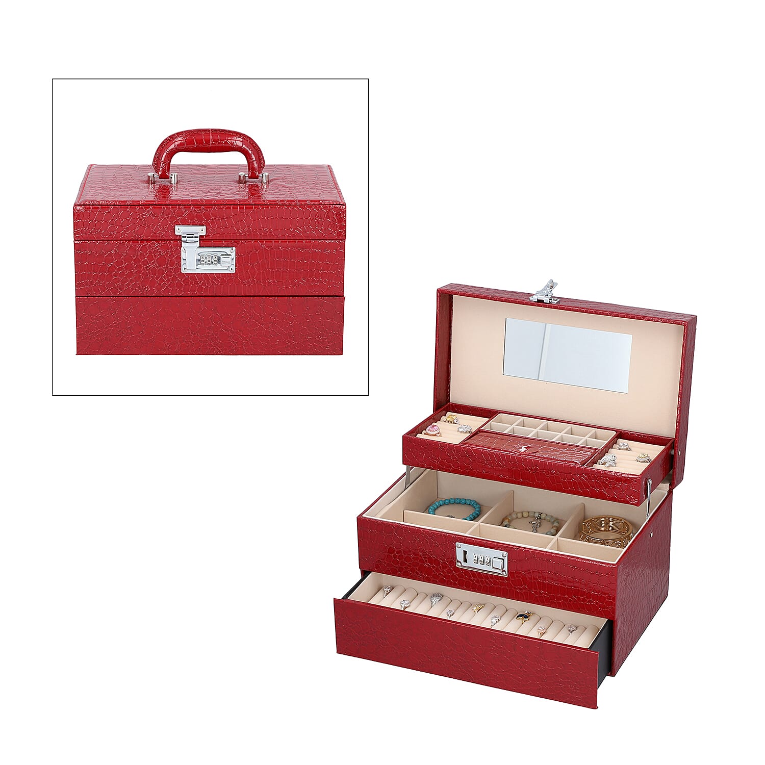 3 Layer Crocodile Skin Pattern Jewellery Box Organiser with Coded Lock and Handle (Size 33x21x21 Cm) - Burgundy