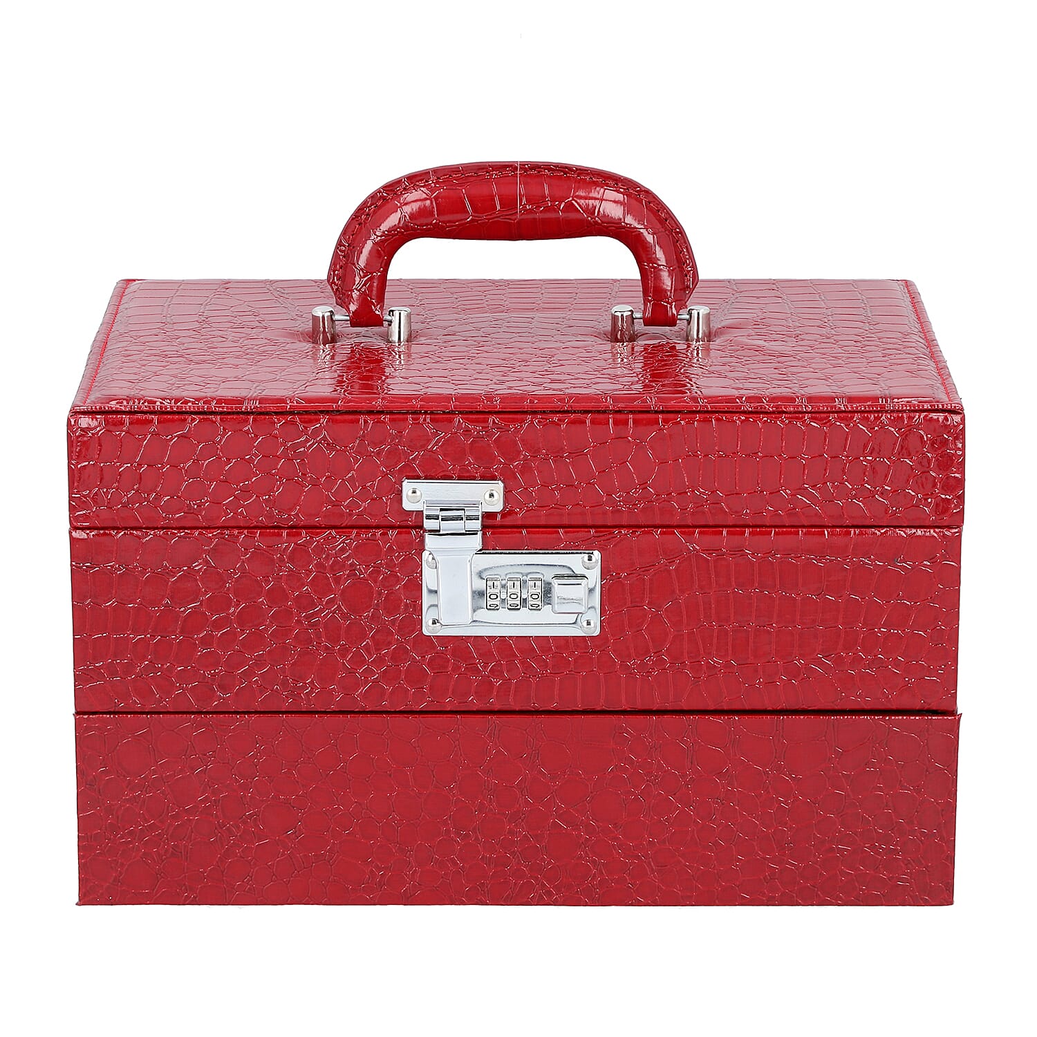 3 Layer Crocodile Skin Pattern Jewellery Box Organiser with Coded Lock and Handle (Size 33x21x21 Cm) - Burgundy