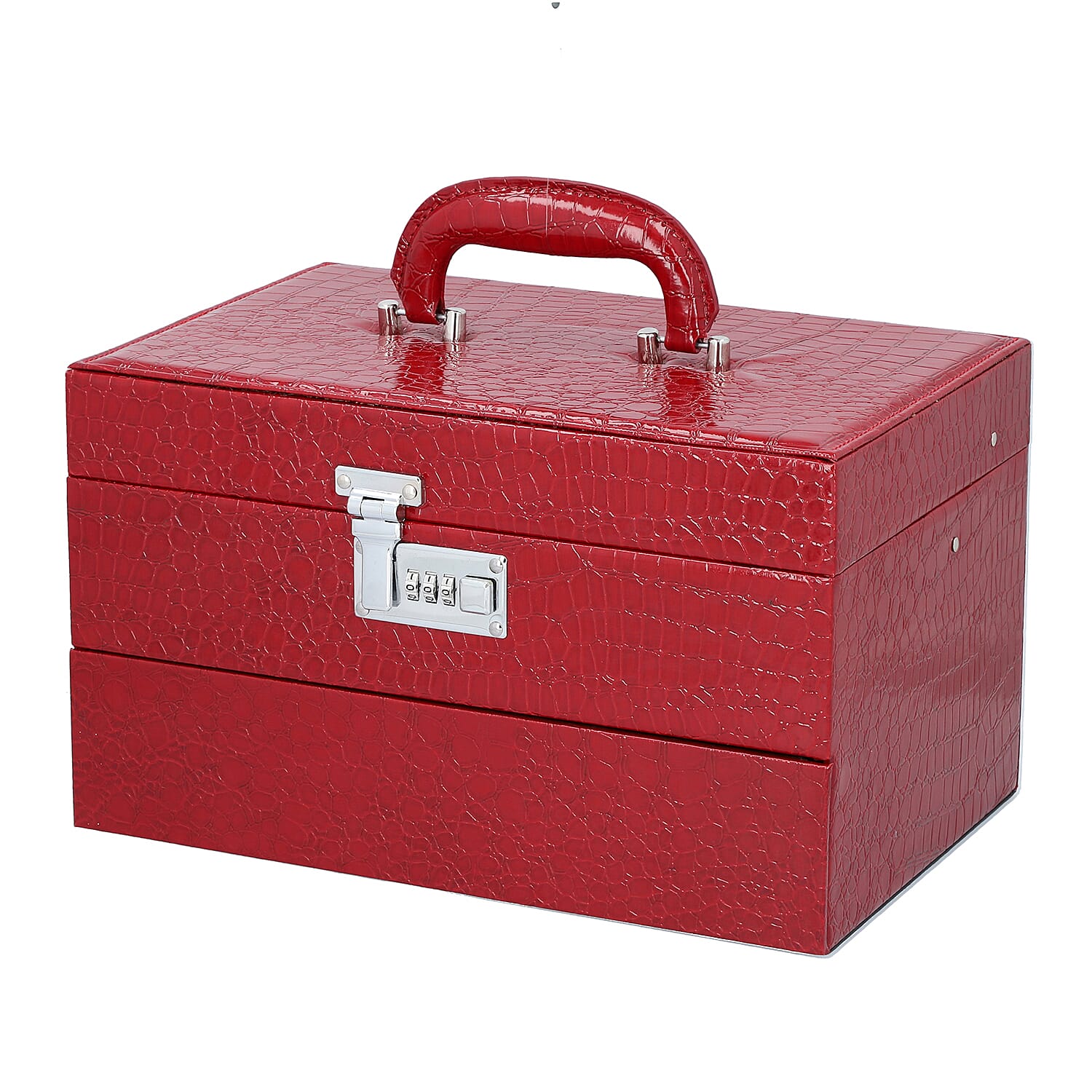 3 Layer Crocodile Skin Pattern Jewellery Box Organiser with Coded Lock and Handle (Size 33x21x21 Cm) - Burgundy