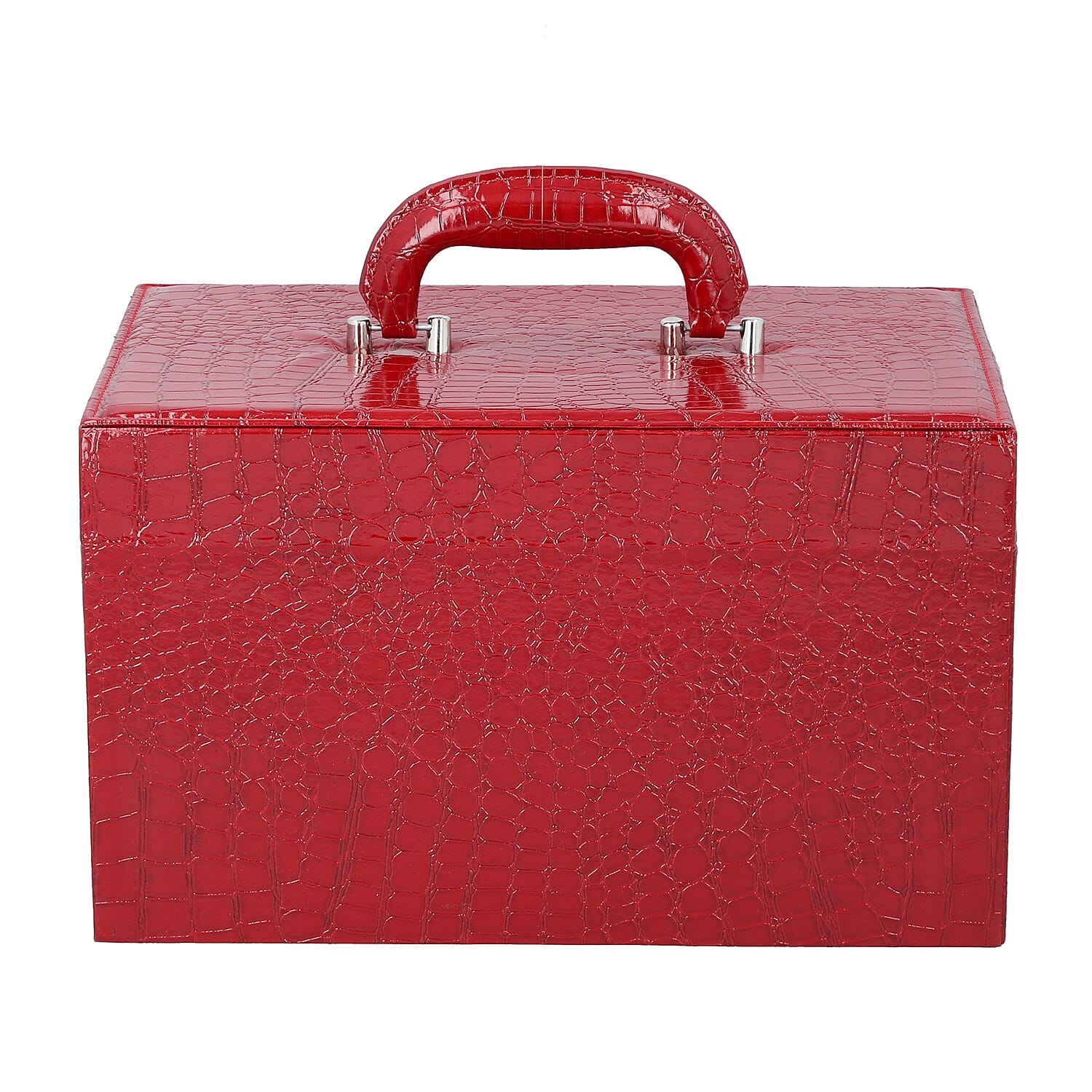 3 Layer Crocodile Skin Pattern Jewellery Box Organiser with Coded Lock and Handle (Size 33x21x21 Cm) - Burgundy