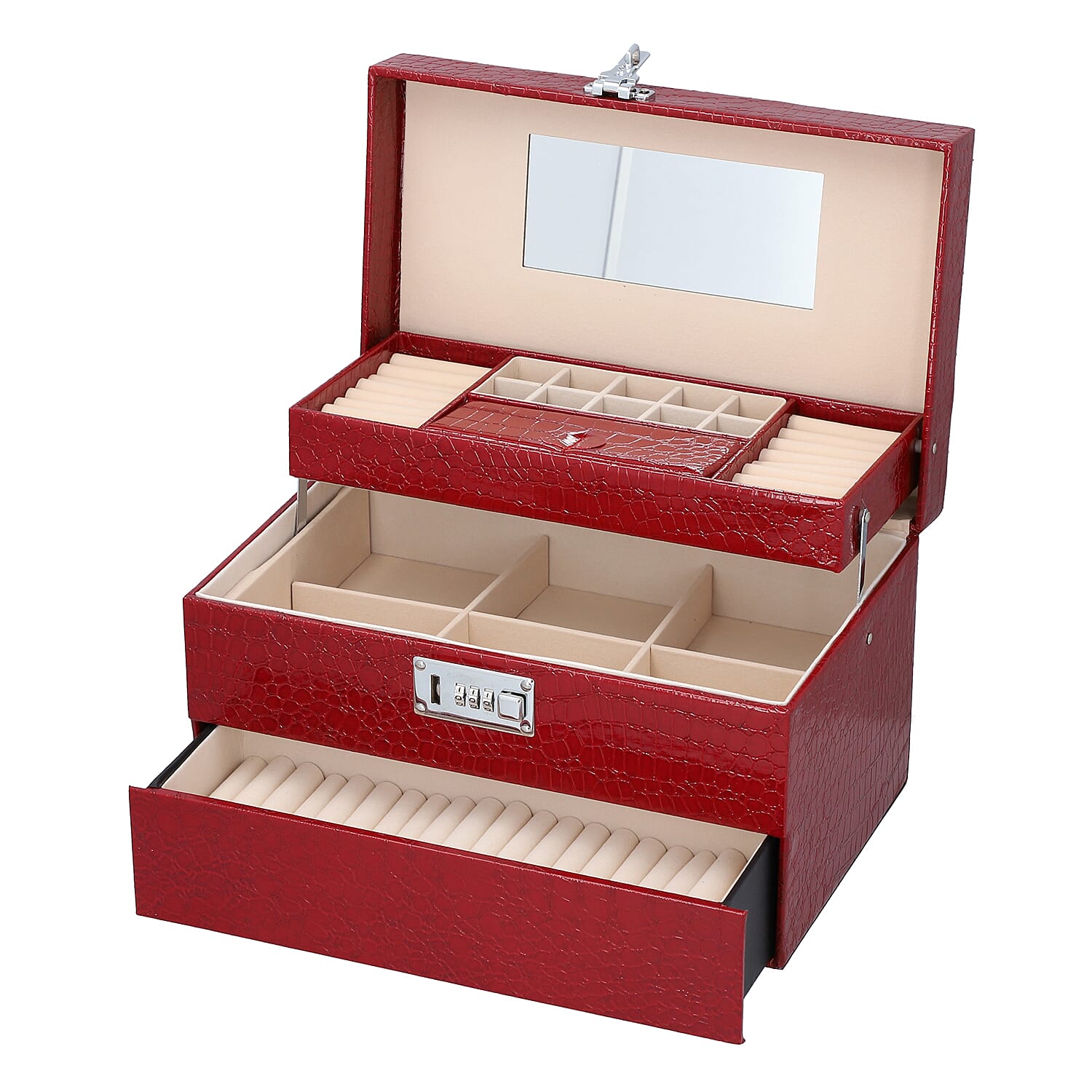 3 Layer Crocodile Skin Pattern Jewellery Box Organiser with Coded Lock and Handle (Size 33x21x21 Cm) - Burgundy