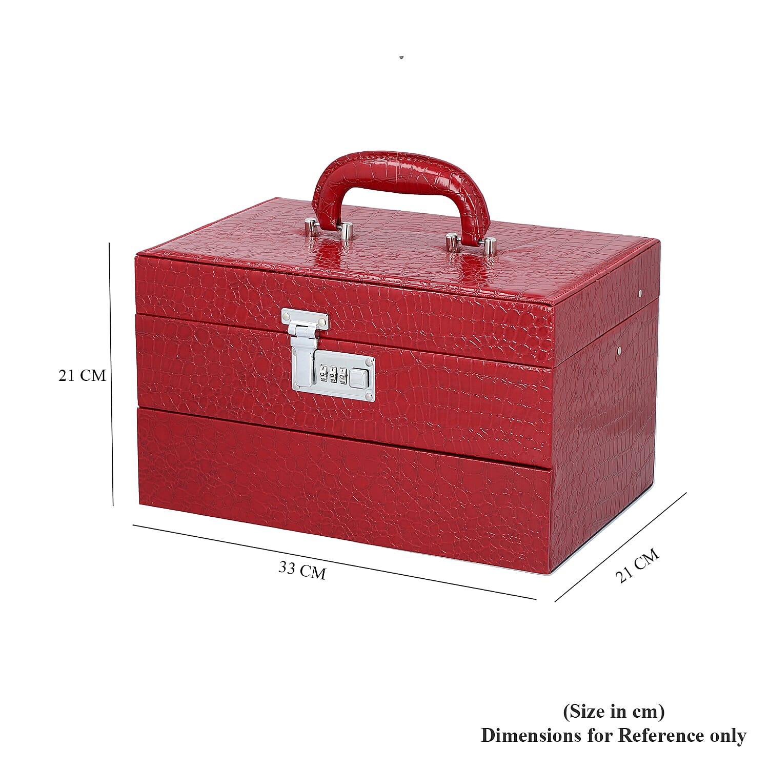 3 Layer Crocodile Skin Pattern Jewellery Box Organiser with Coded Lock and Handle (Size 33x21x21 Cm) - Burgundy