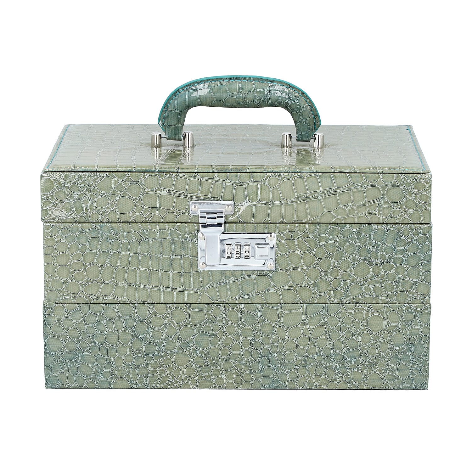 3 Layer Crocodile Skin Pattern Jewellery Box Organiser with Coded Lock and Handle (Size 33x21x21 Cm) - Olive Green