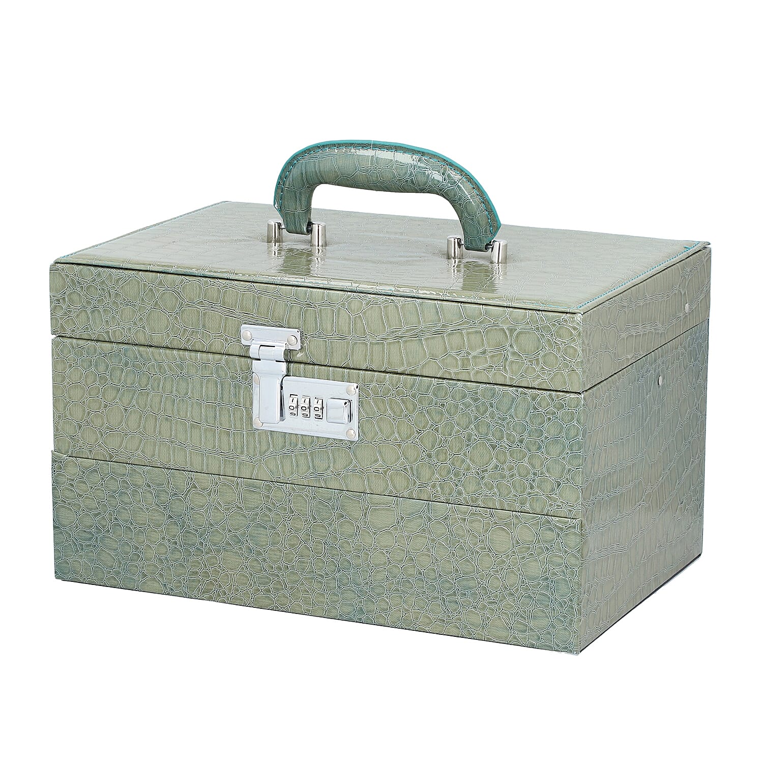 3 Layer Crocodile Skin Pattern Jewellery Box Organiser with Coded Lock and Handle (Size 33x21x21 Cm) - Olive Green