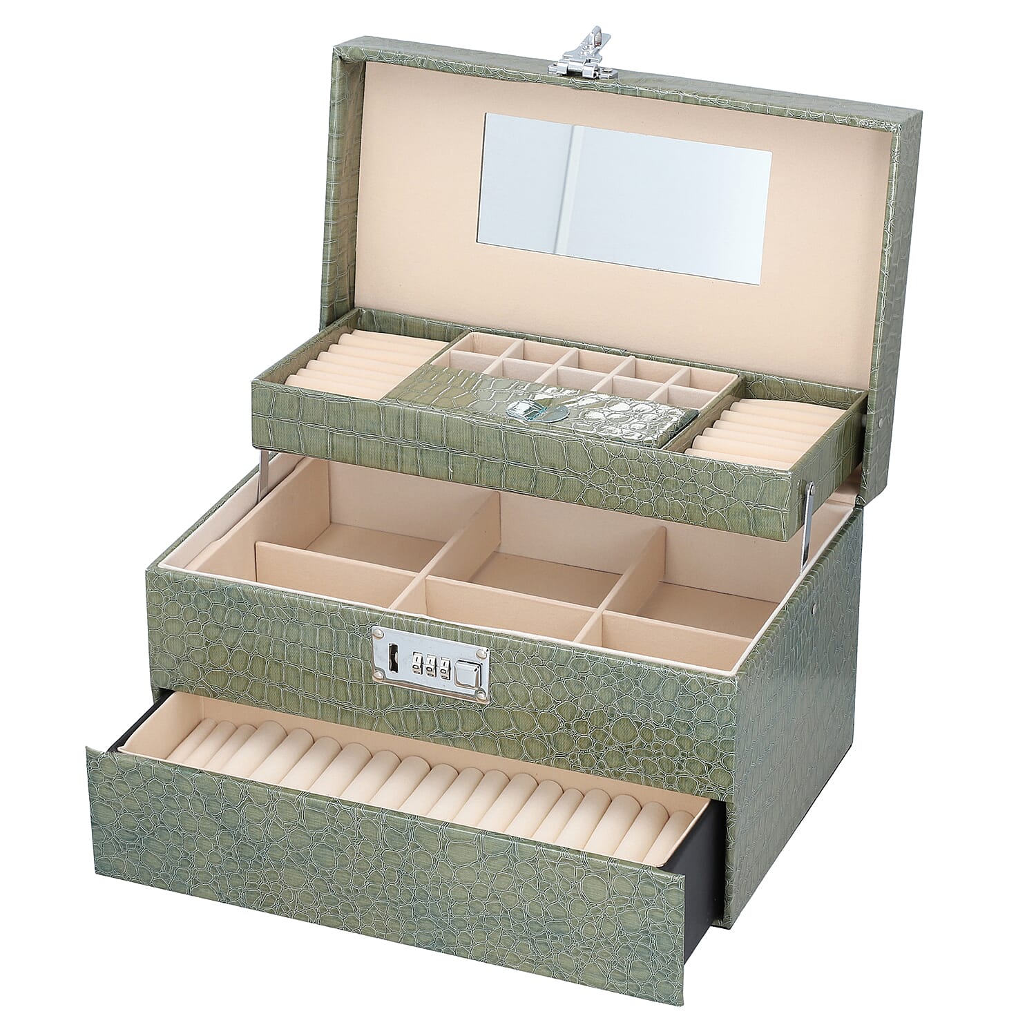 3 Layer Crocodile Skin Pattern Jewellery Box Organiser with Coded Lock and Handle (Size 33x21x21 Cm) - Olive Green