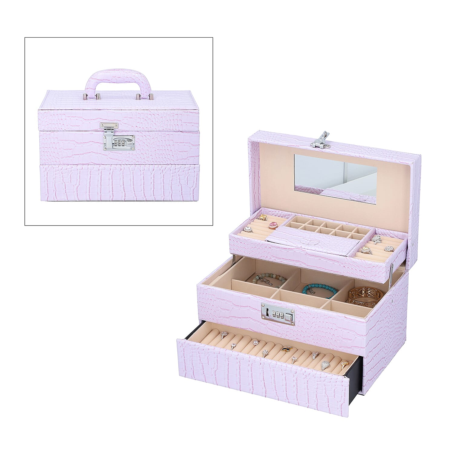 3 Layer Crocodile Skin Pattern Jewellery Box Organiser with Coded Lock and Handle (Size 33x21x21 Cm)  - Lavender