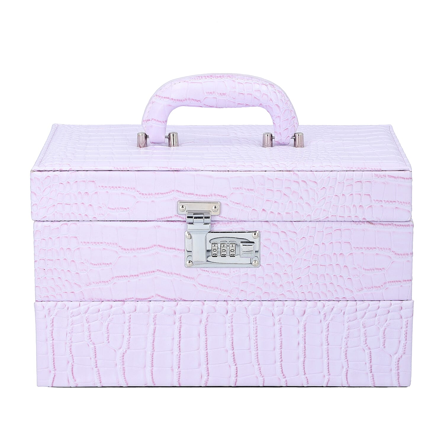 3 Layer Crocodile Skin Pattern Jewellery Box Organiser with Coded Lock and Handle (Size 33x21x21 Cm)  - Lavender