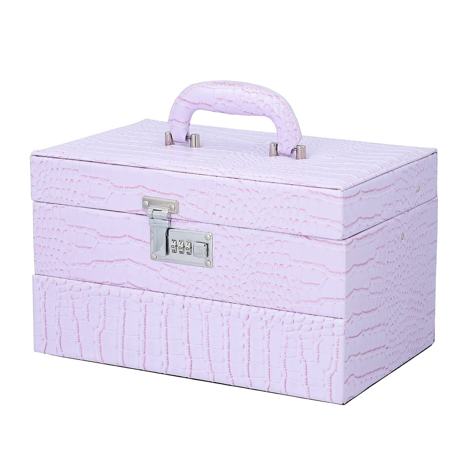 3 Layer Crocodile Skin Pattern Jewellery Box Organiser with Coded Lock and Handle (Size 33x21x21 Cm)  - Lavender
