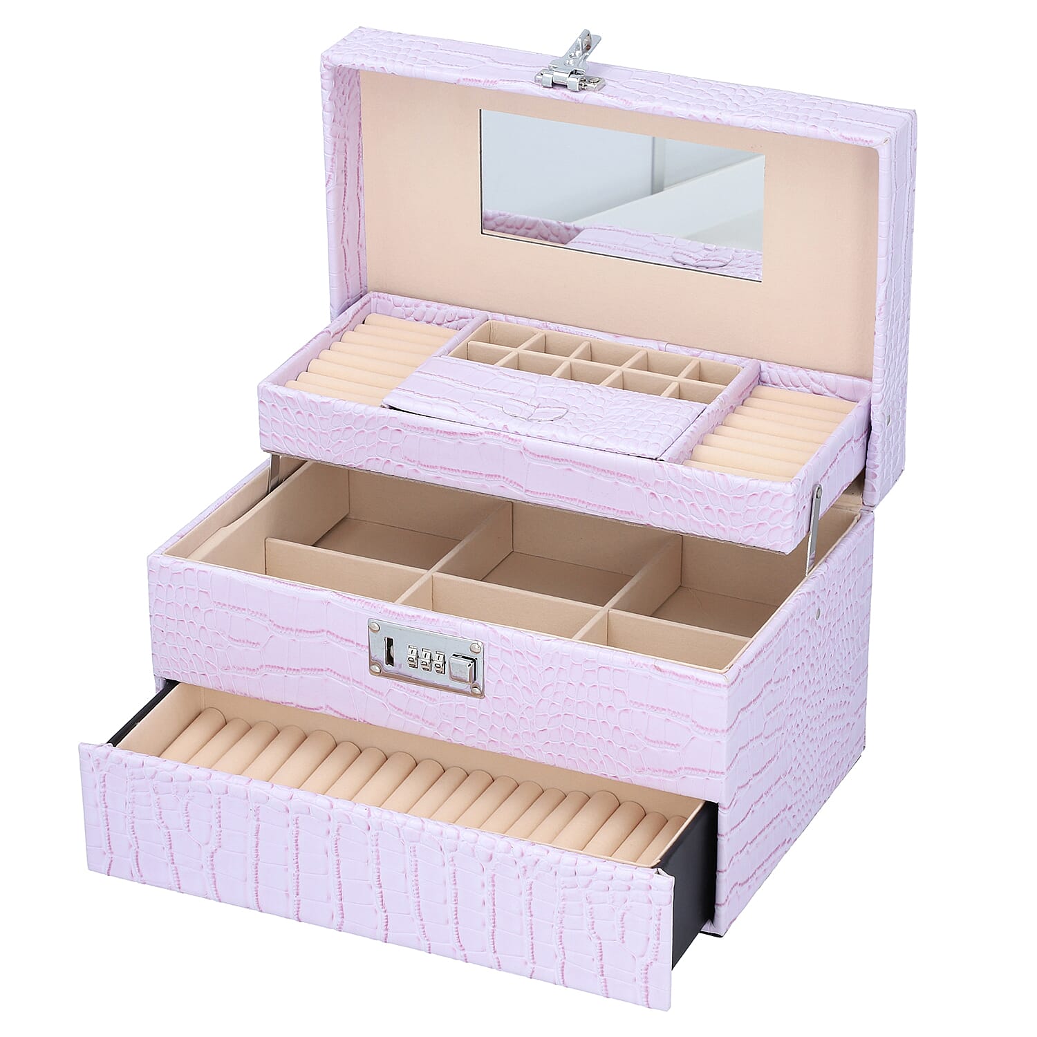 3 Layer Crocodile Skin Pattern Jewellery Box Organiser with Coded Lock and Handle (Size 33x21x21 Cm)  - Lavender