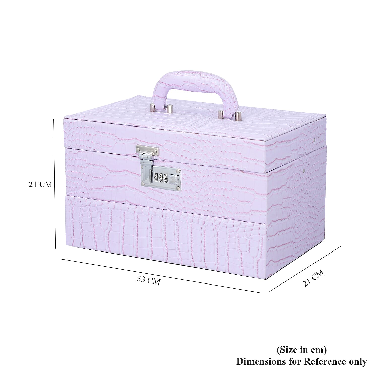 3 Layer Crocodile Skin Pattern Jewellery Box Organiser with Coded Lock and Handle (Size 33x21x21 Cm)  - Lavender