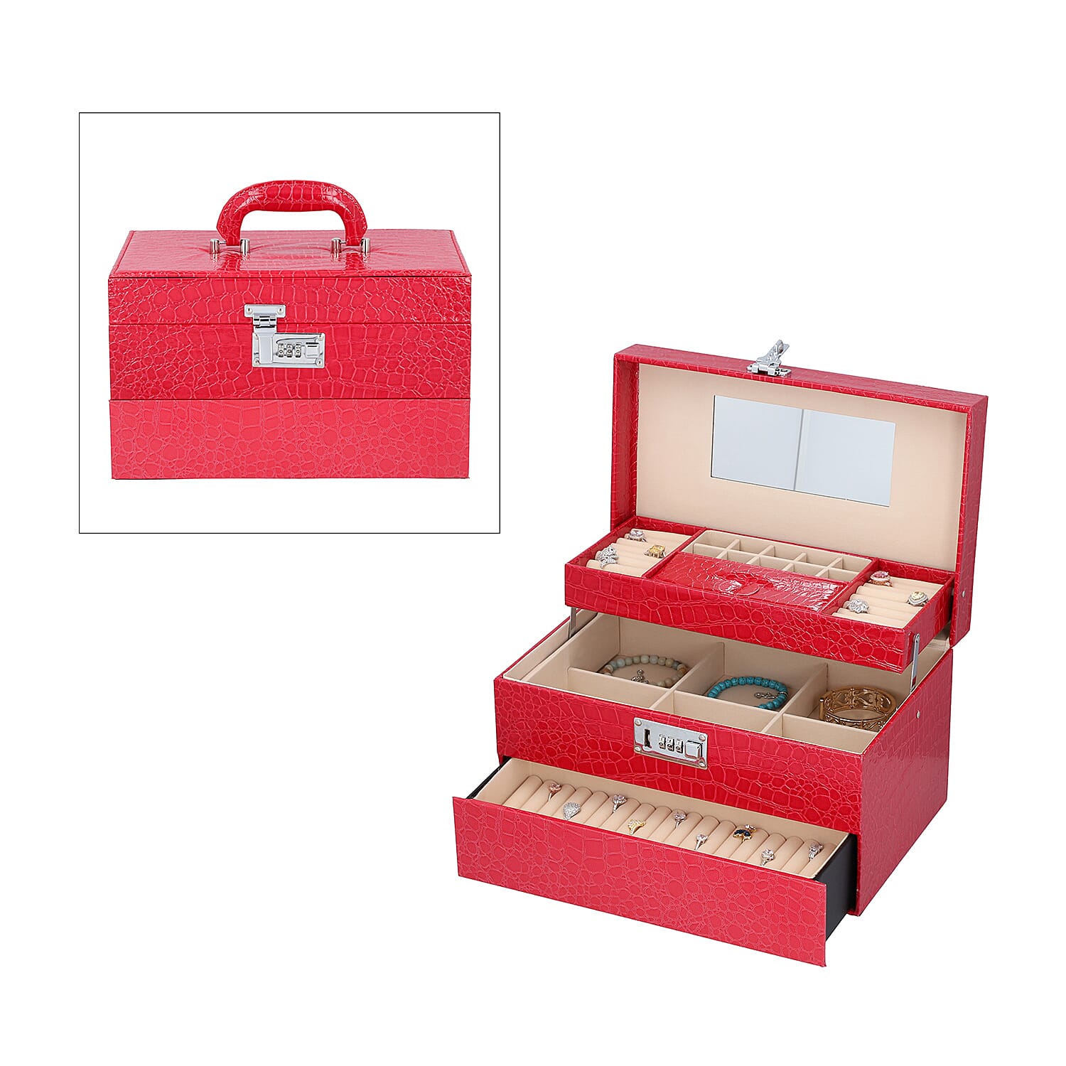 3 Layer Crocodile Skin Pattern Jewellery Box Organiser with Coded Lock and Handle (Size 33x21x21 Cm) - Rose Pink