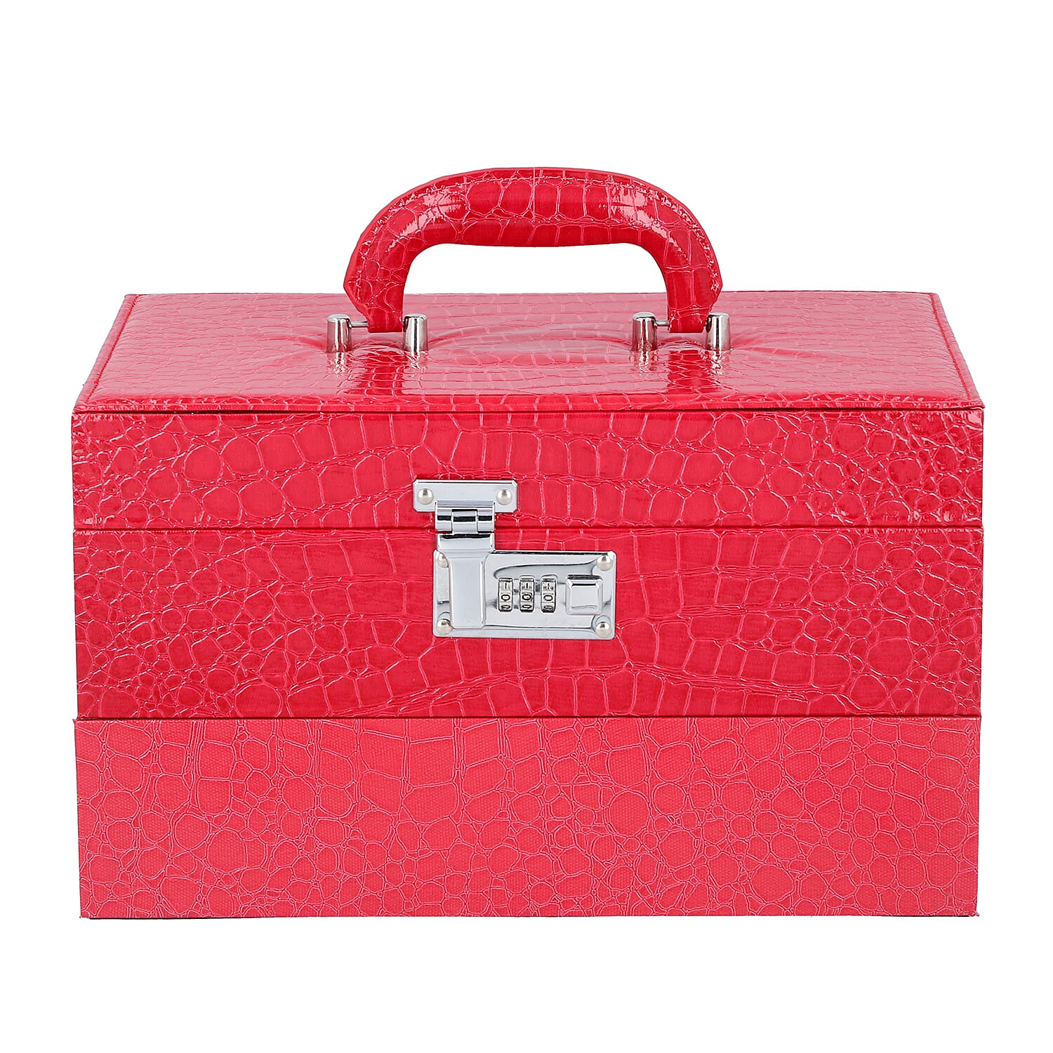 3 Layer Crocodile Skin Pattern Jewellery Box Organiser with Coded Lock and Handle (Size 33x21x21 Cm) - Rose Pink